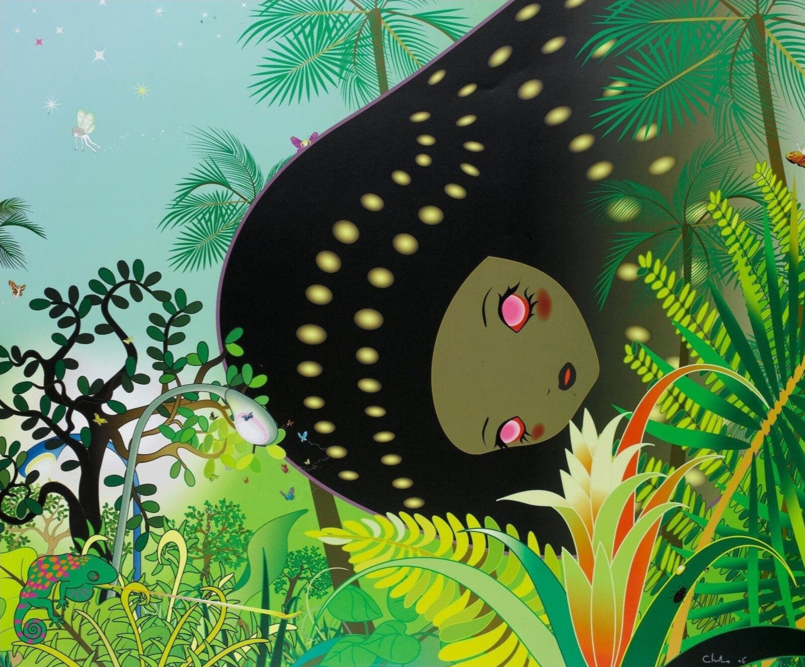 A painting of a woman in the middle of a jungle.