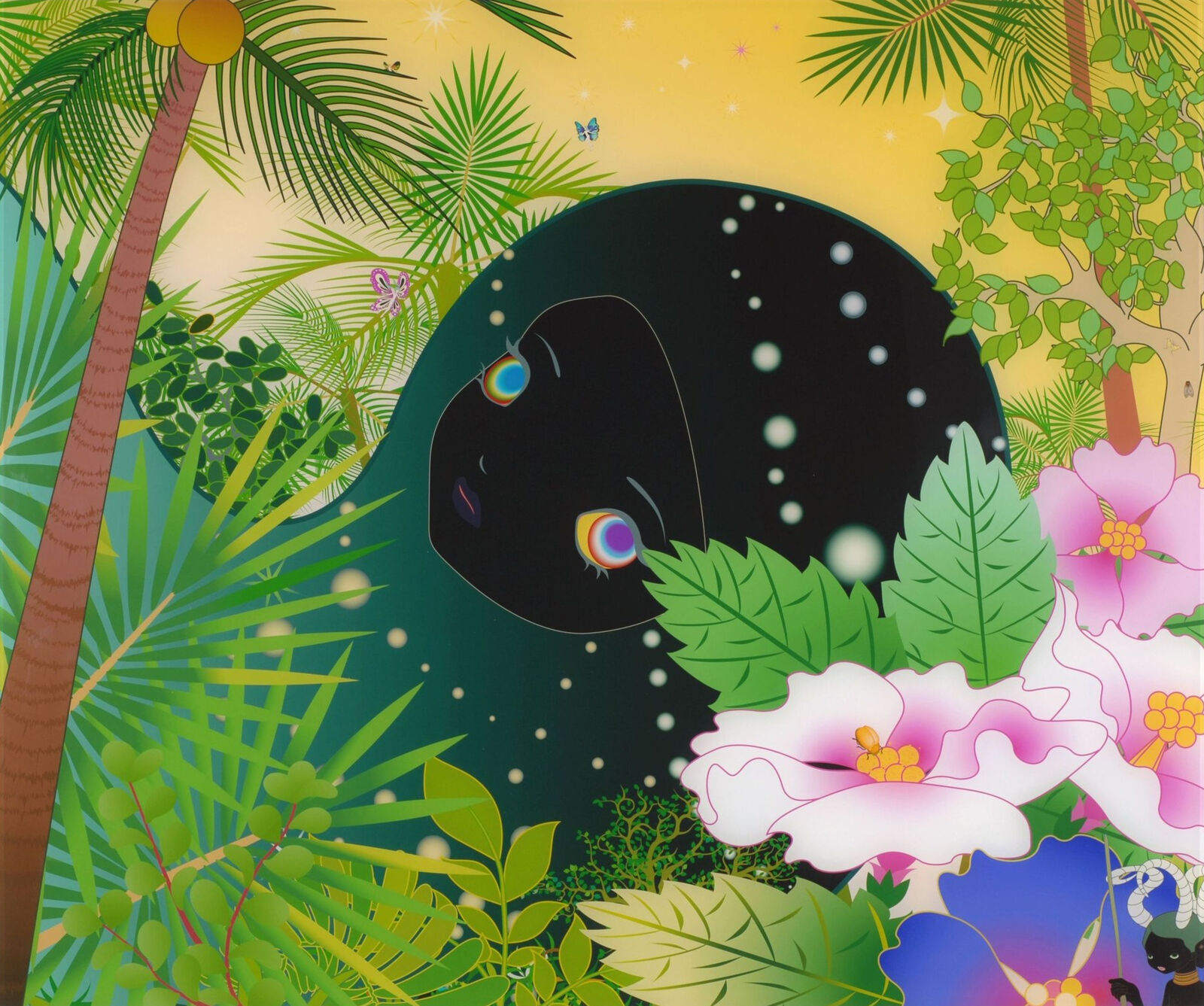 A painting of a black whale surrounded by tropical plants and flowers.