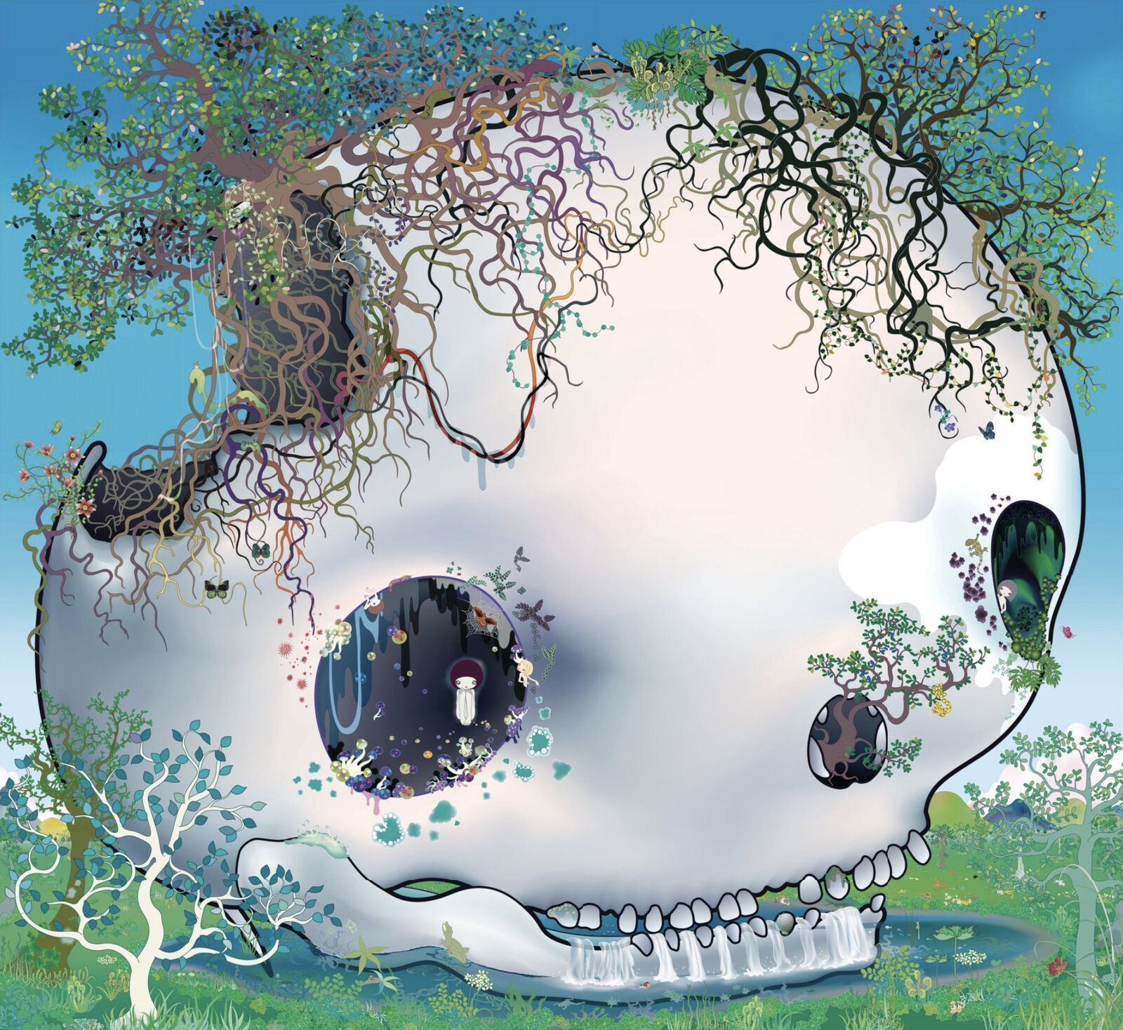 A skull with a tree growing out of it's mouth.