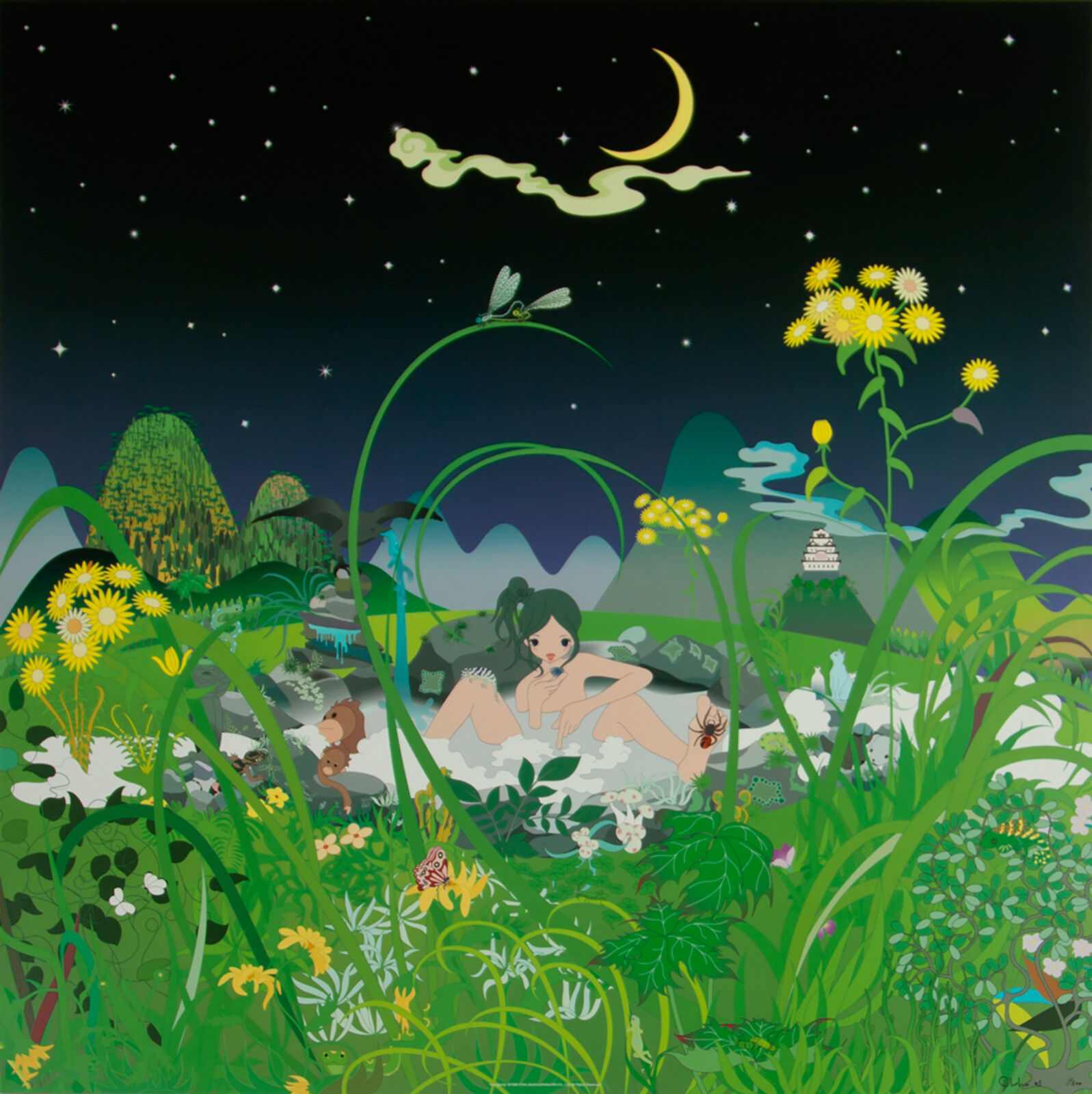 A painting of a woman sitting in a field of flowers.