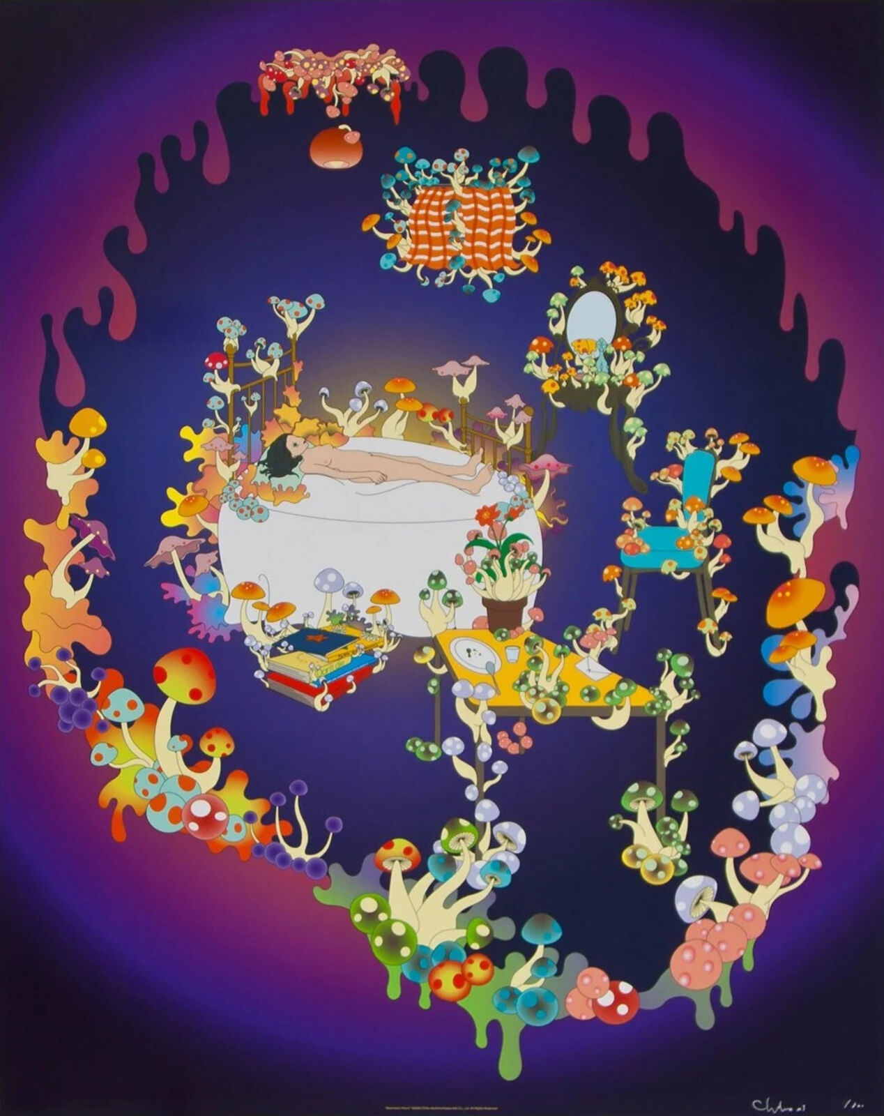 A painting of a woman laying in a bathtub surrounded by mushrooms.