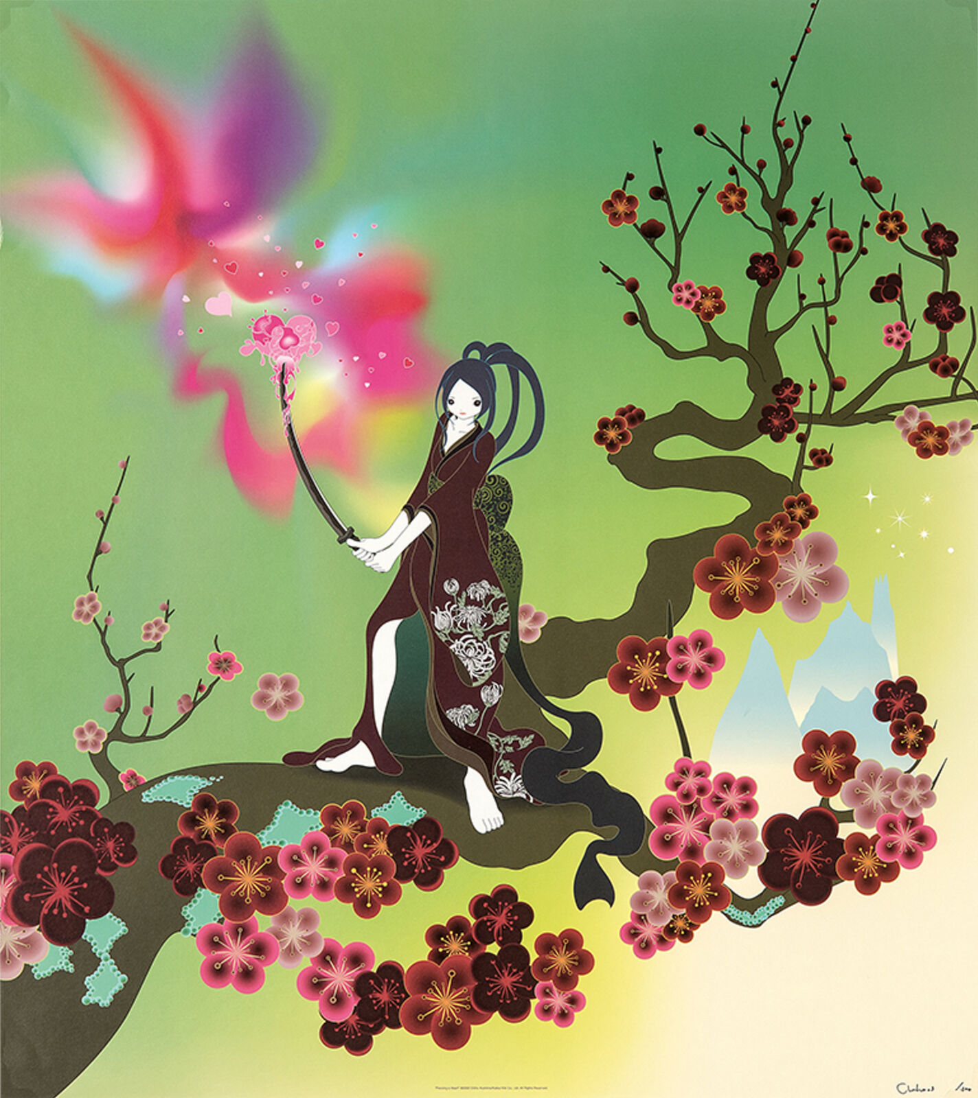 A woman in a kimono sitting on a tree with flowers and a bird.