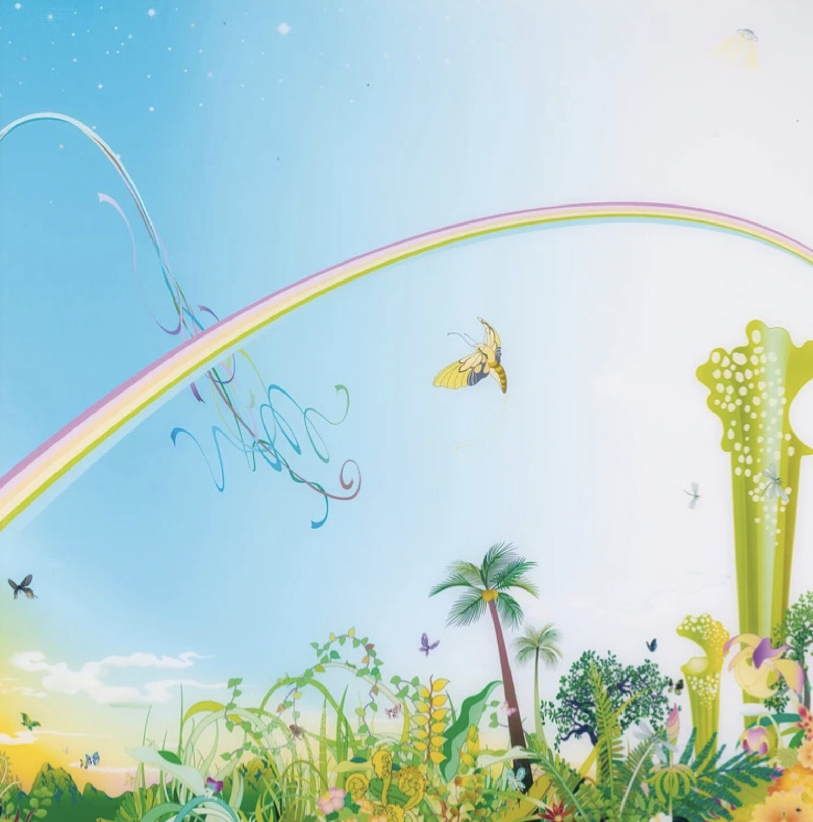 A picture of a rainbow in the sky with a butterfly flying over it.