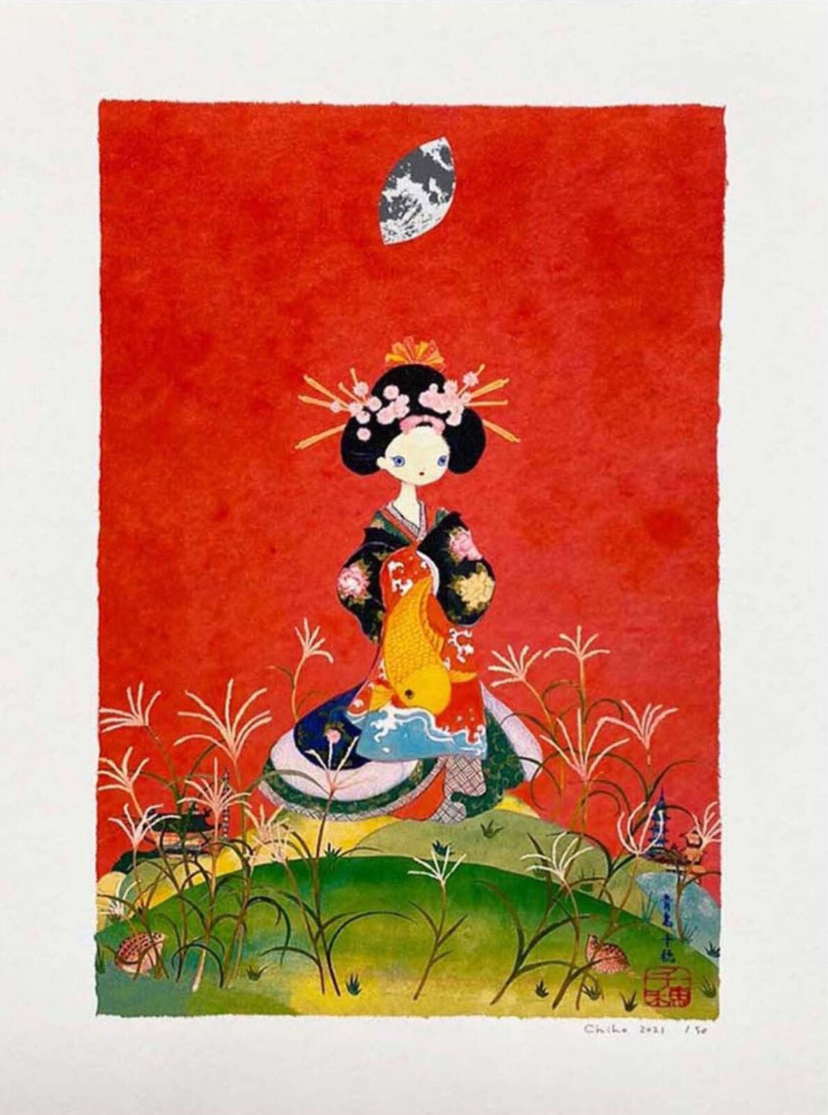 A painting of a woman in a kimono sitting on a hill with a moon in the background.