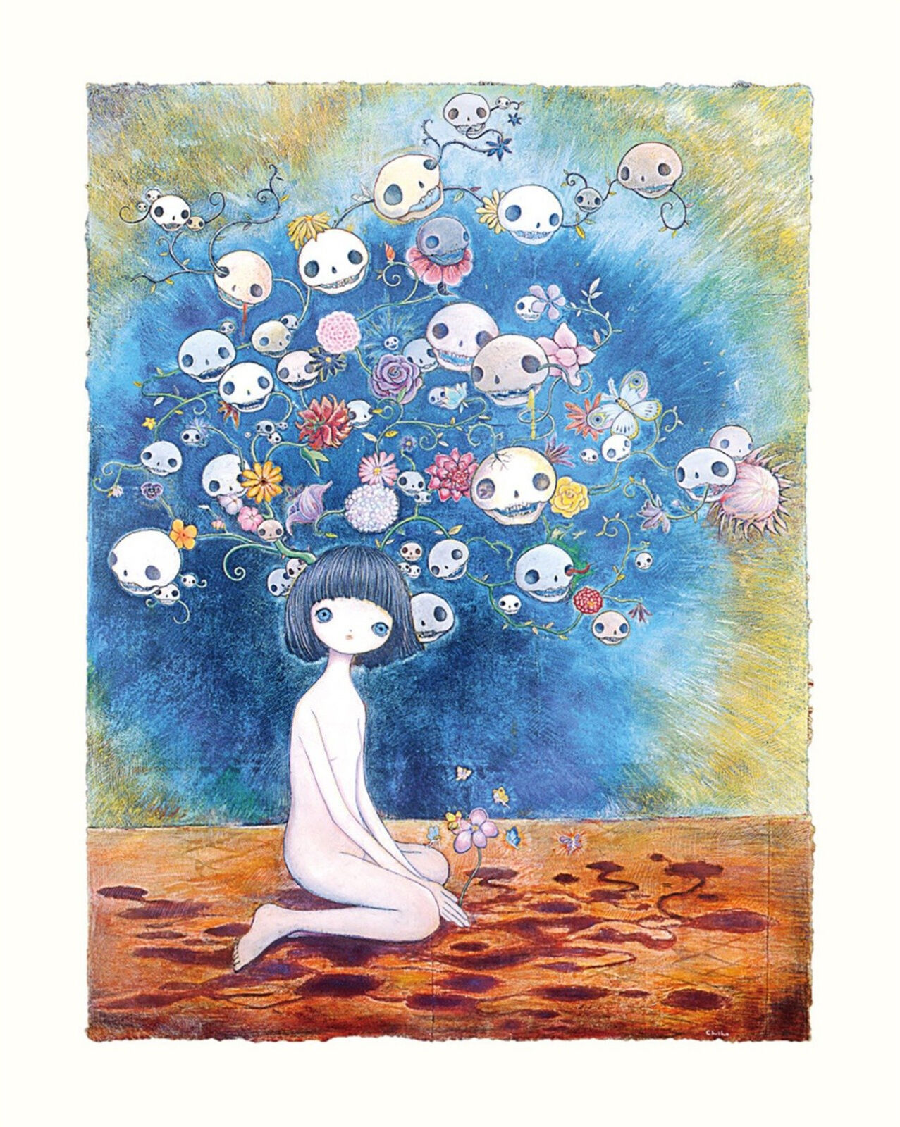 A painting of a girl sitting in front of a tree of skulls.