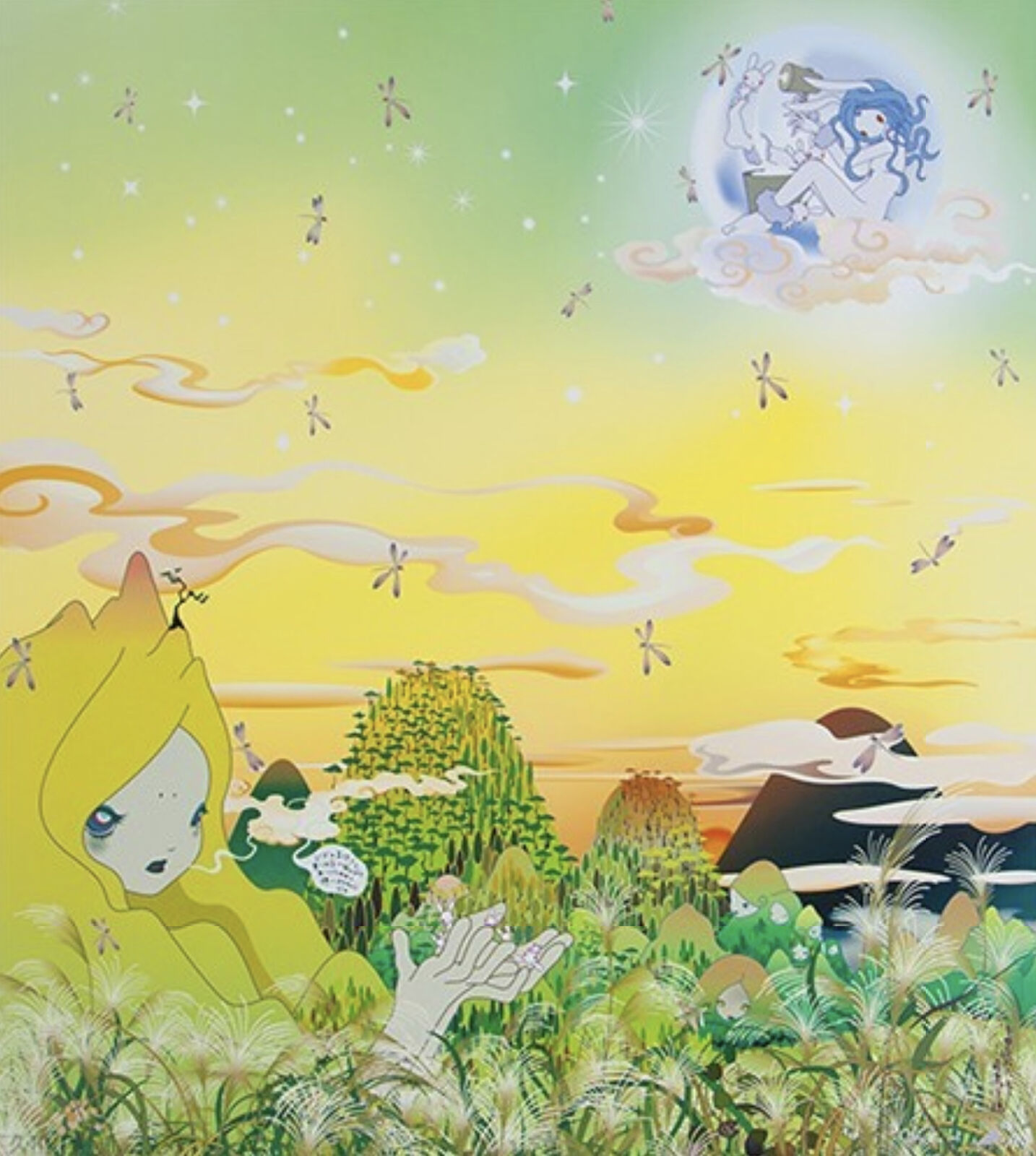 A painting of a girl in a field of grass with a moon in the background.