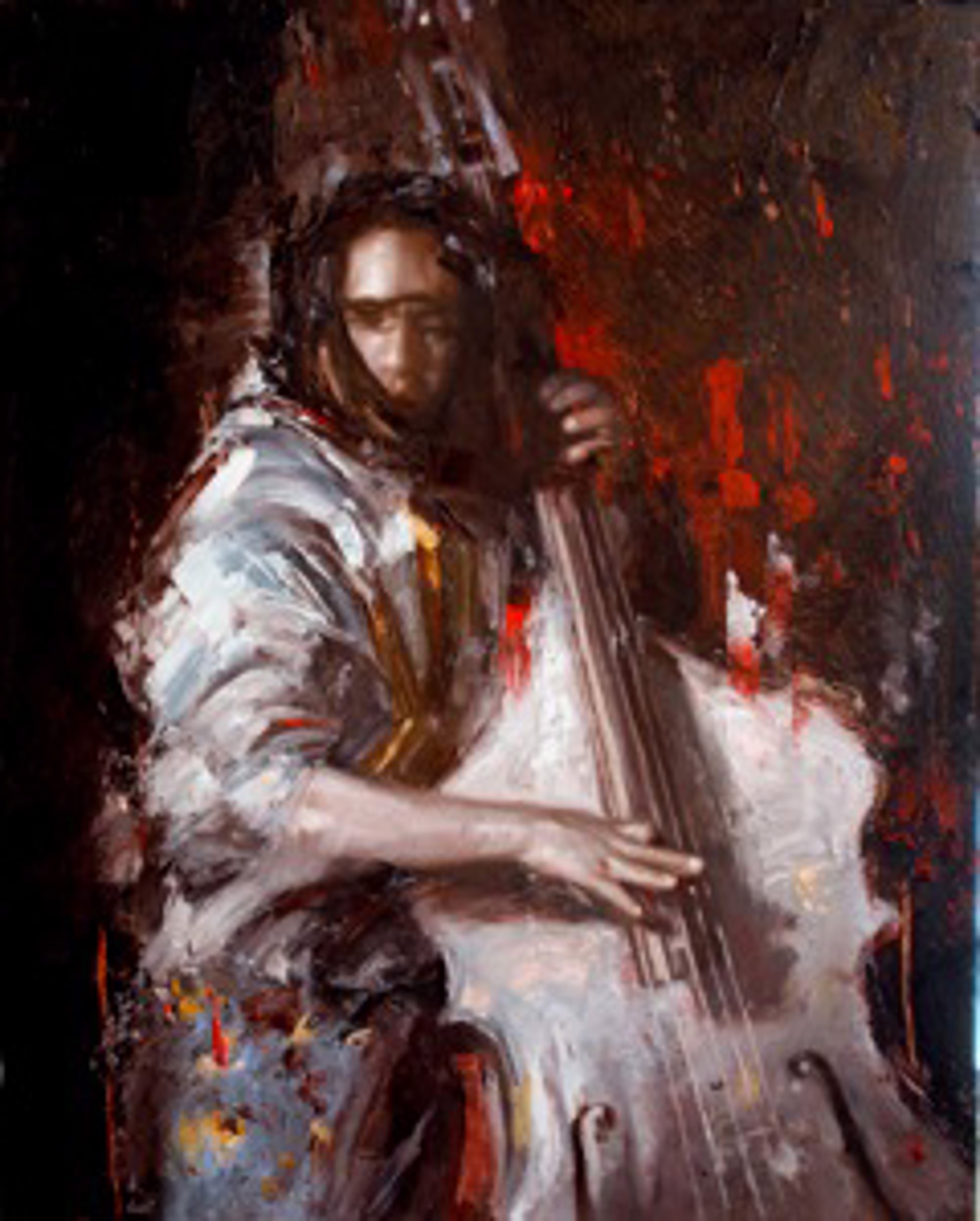 A painting of a man playing a double bass.