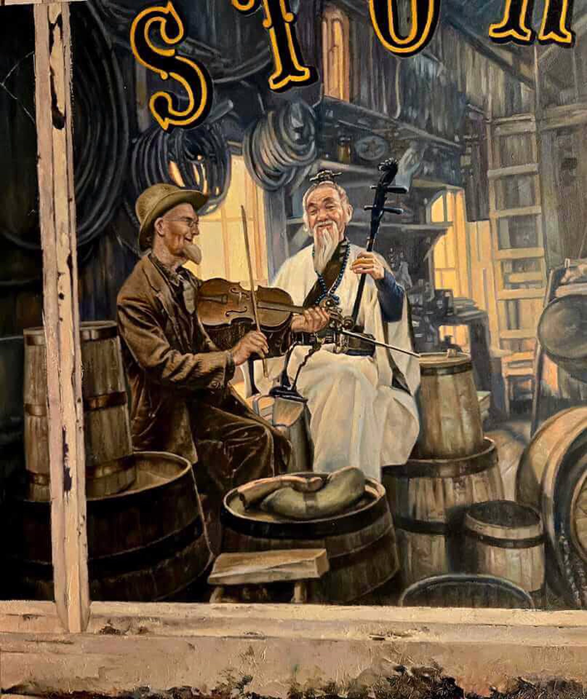A painting of two men playing violins in a room.