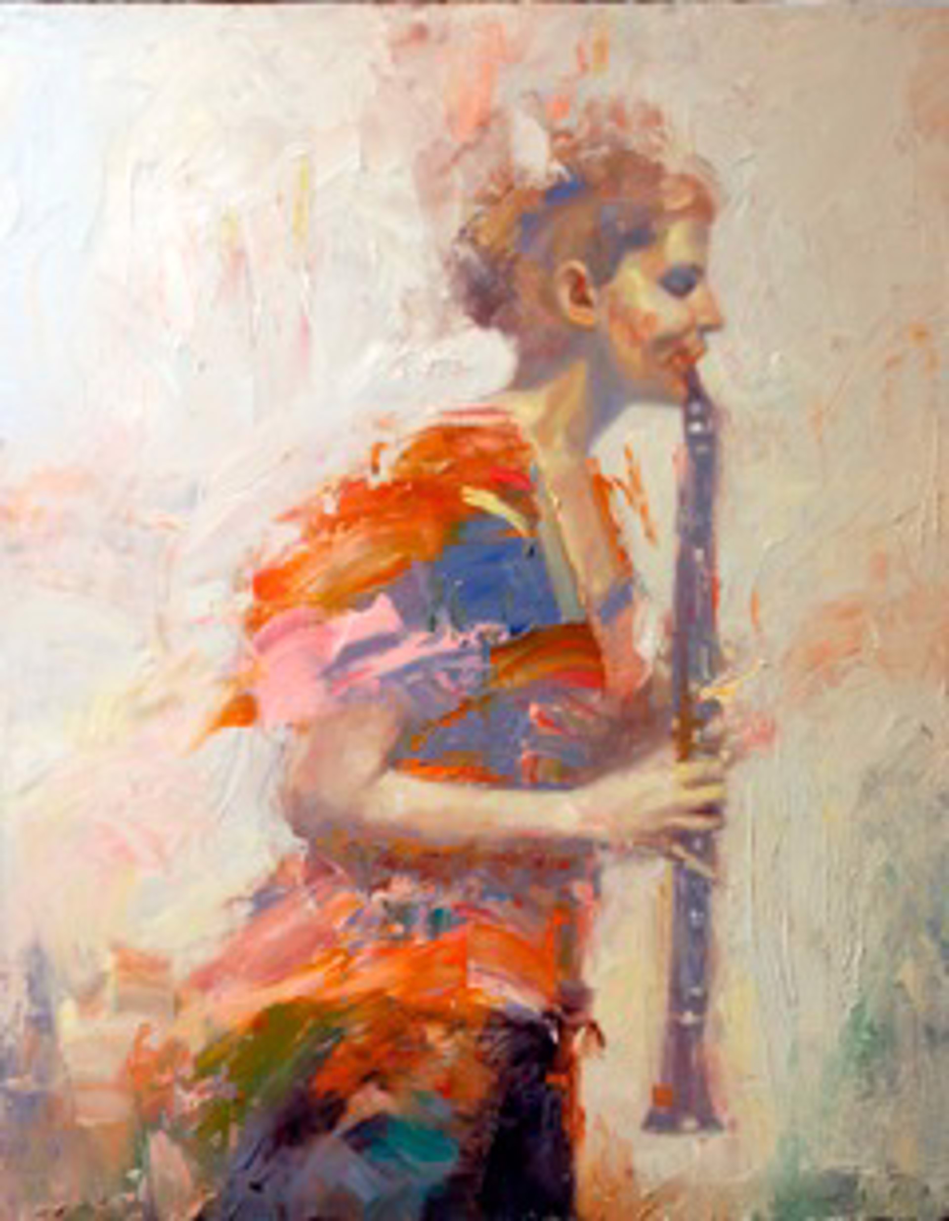 A painting of a woman playing a clarinet.