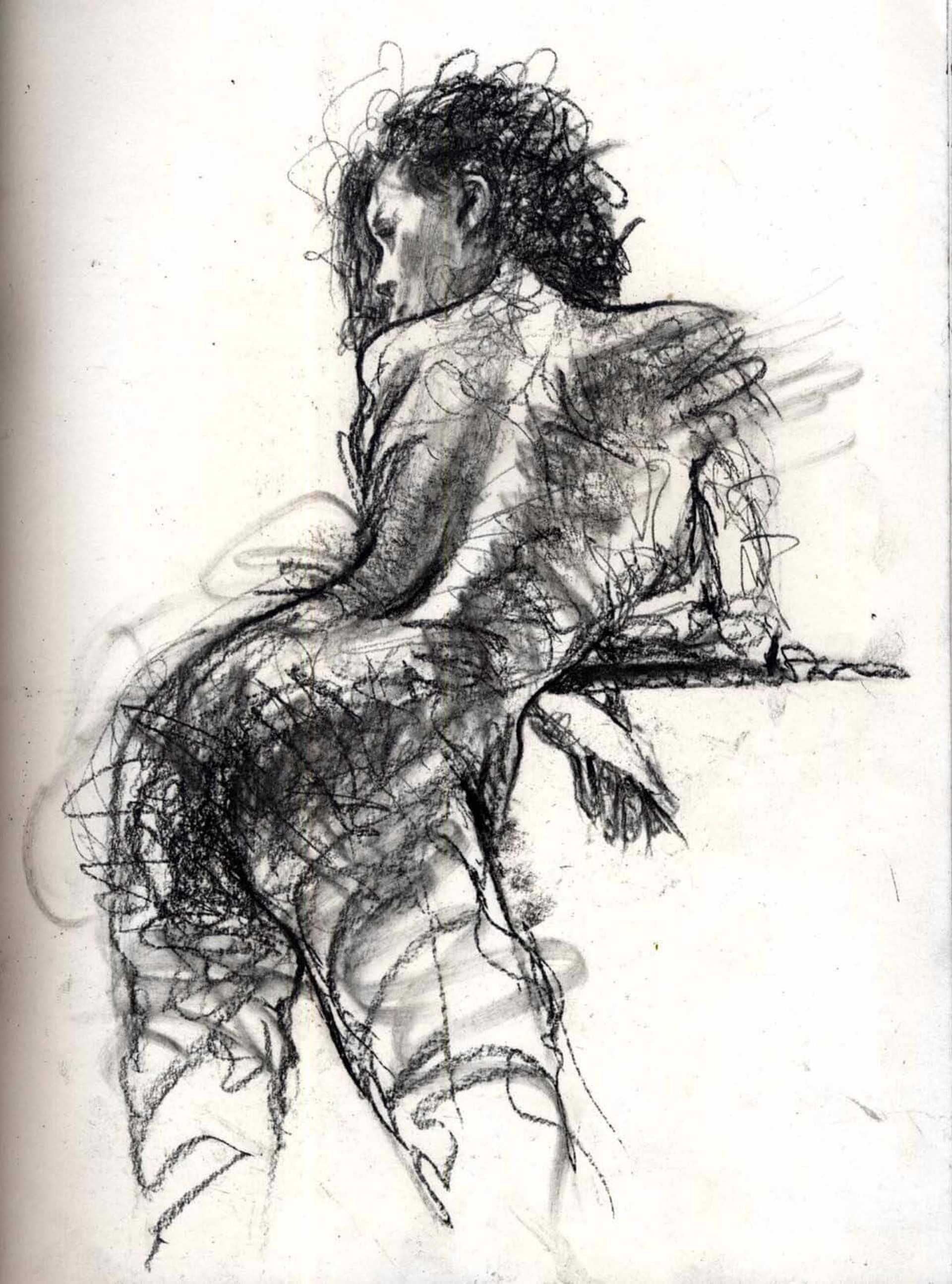 A drawing of a woman sitting on a chair.