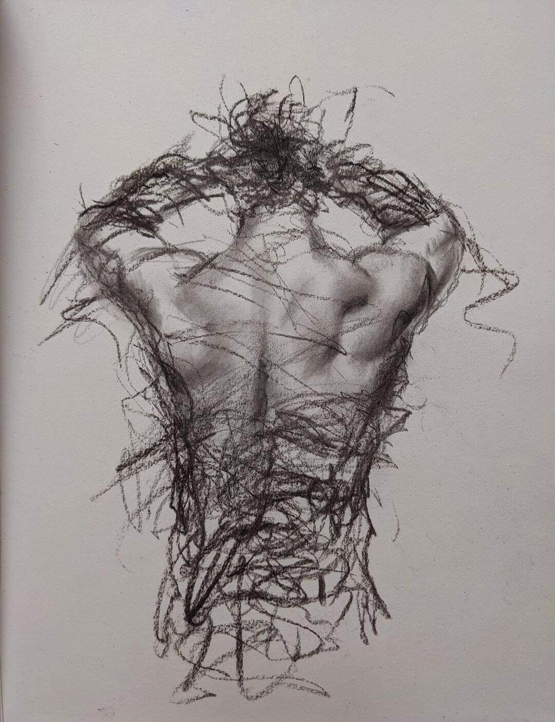 A drawing of a man's torso covered in tangled hair.