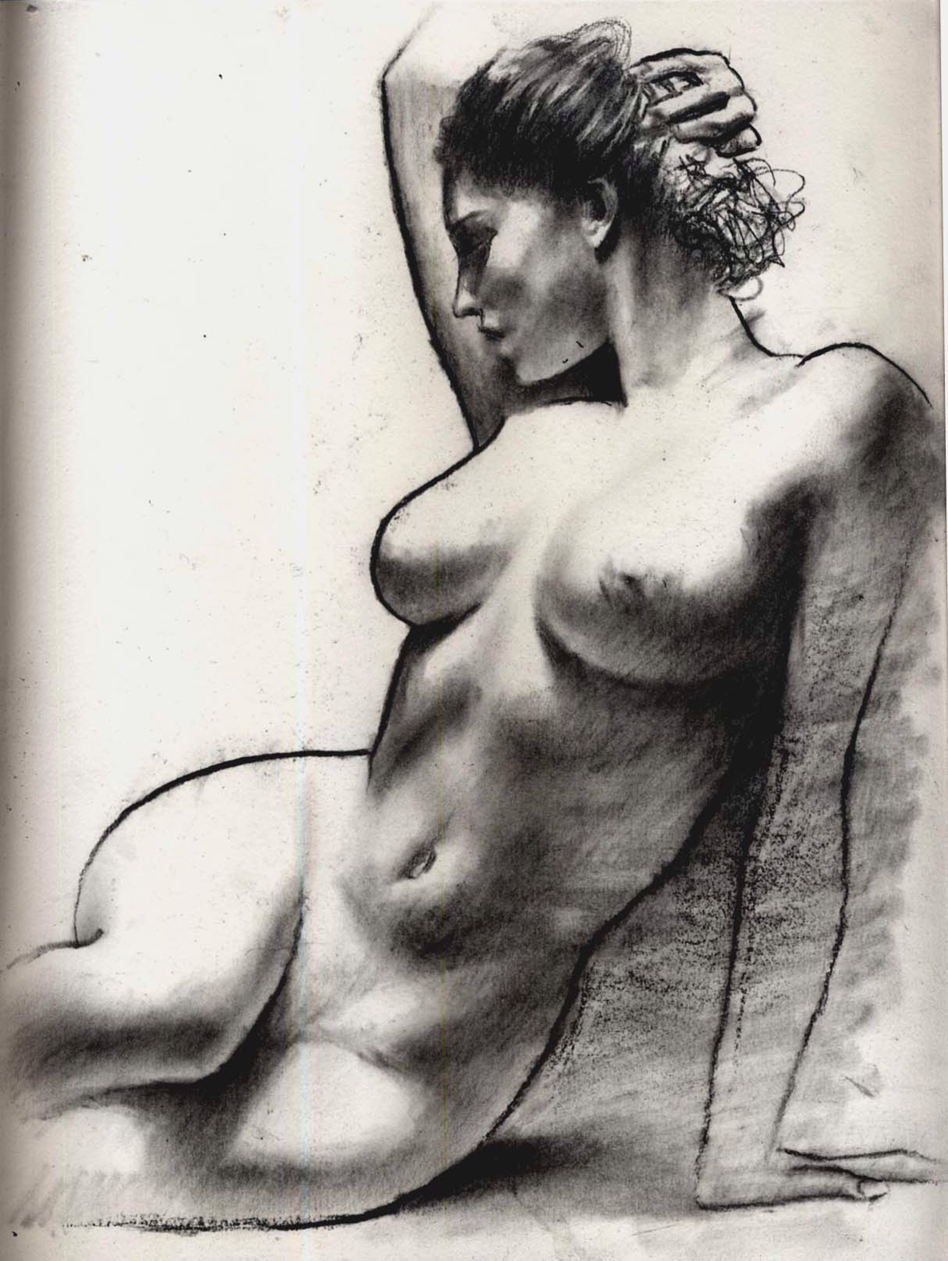 A monochromatic charcoal sketch of a nude figure seated in profile, rendered with strong shading and visible texture.