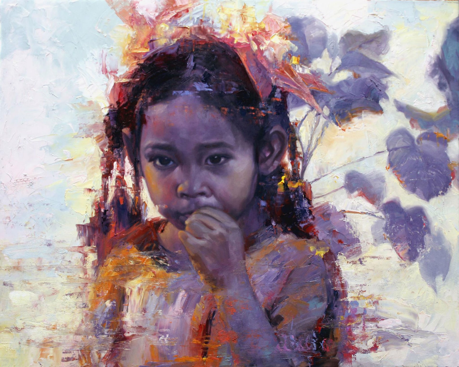 A painting of a little girl with her hand on her chin.