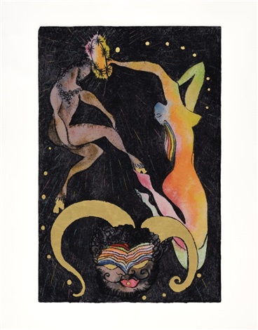 Artwork by Chris Ofili, Crowning of a Satyr, Made of 40 colour screenprint with hand applied 24 carat gold leaf on Somerset Tub Sized Satin White 410gsm 