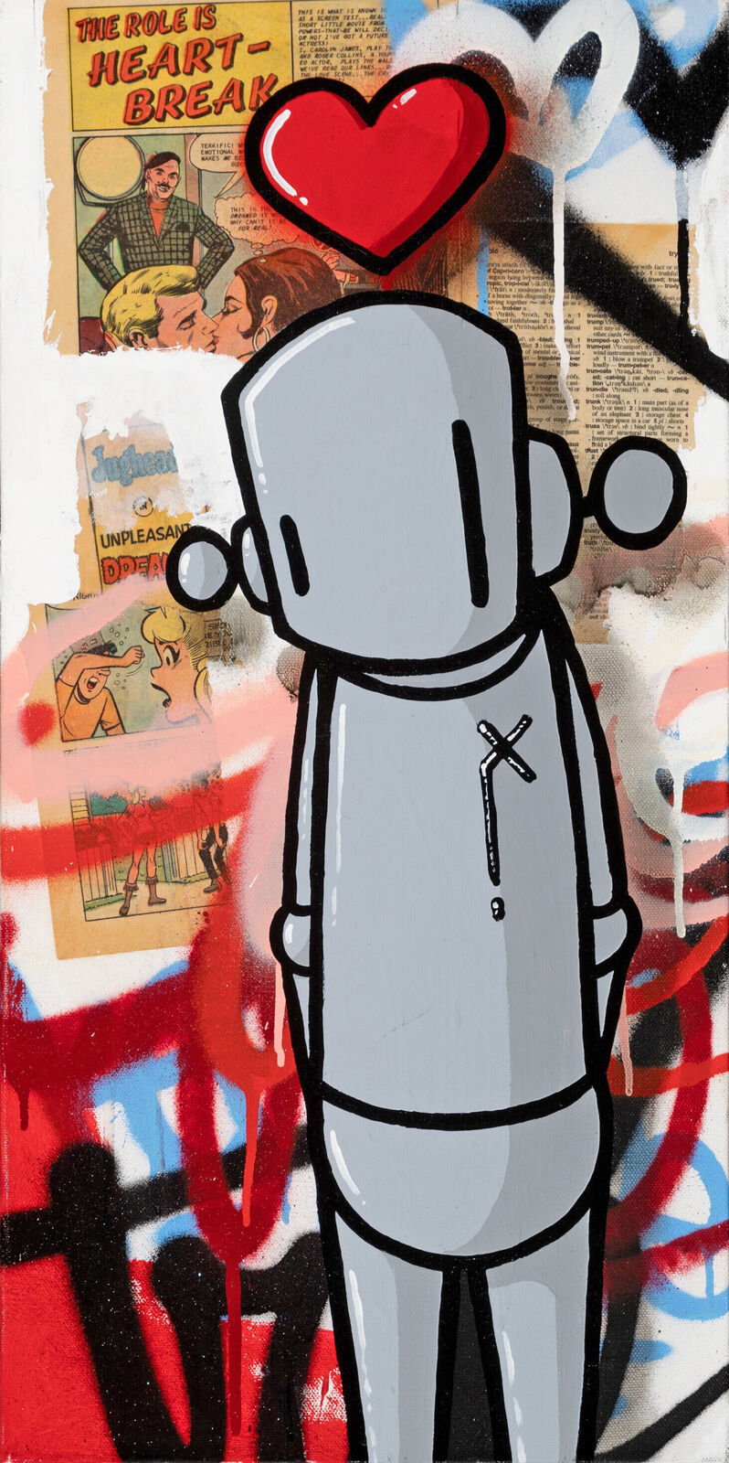 A painting of a robot with a heart on his head.