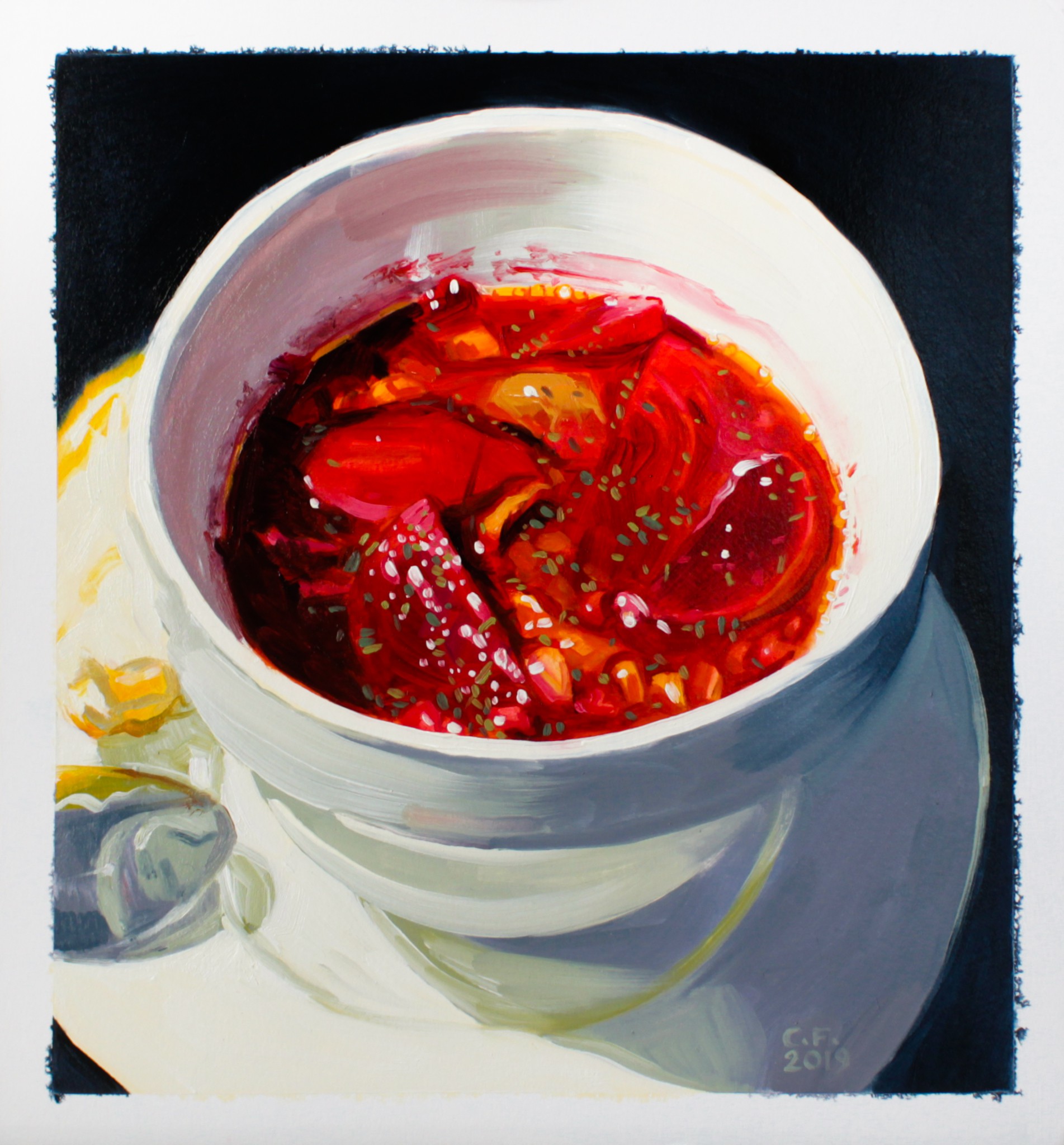 A painting of a bowl of soup on a table.