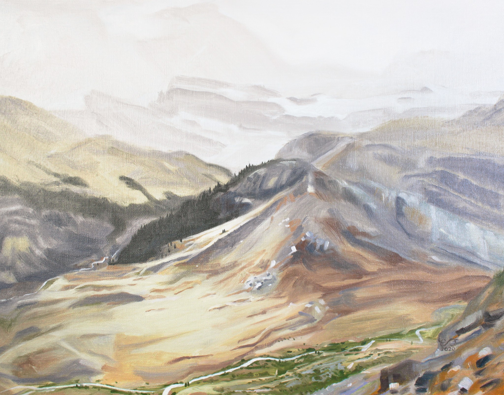A painting of a mountain landscape with a road going through it.