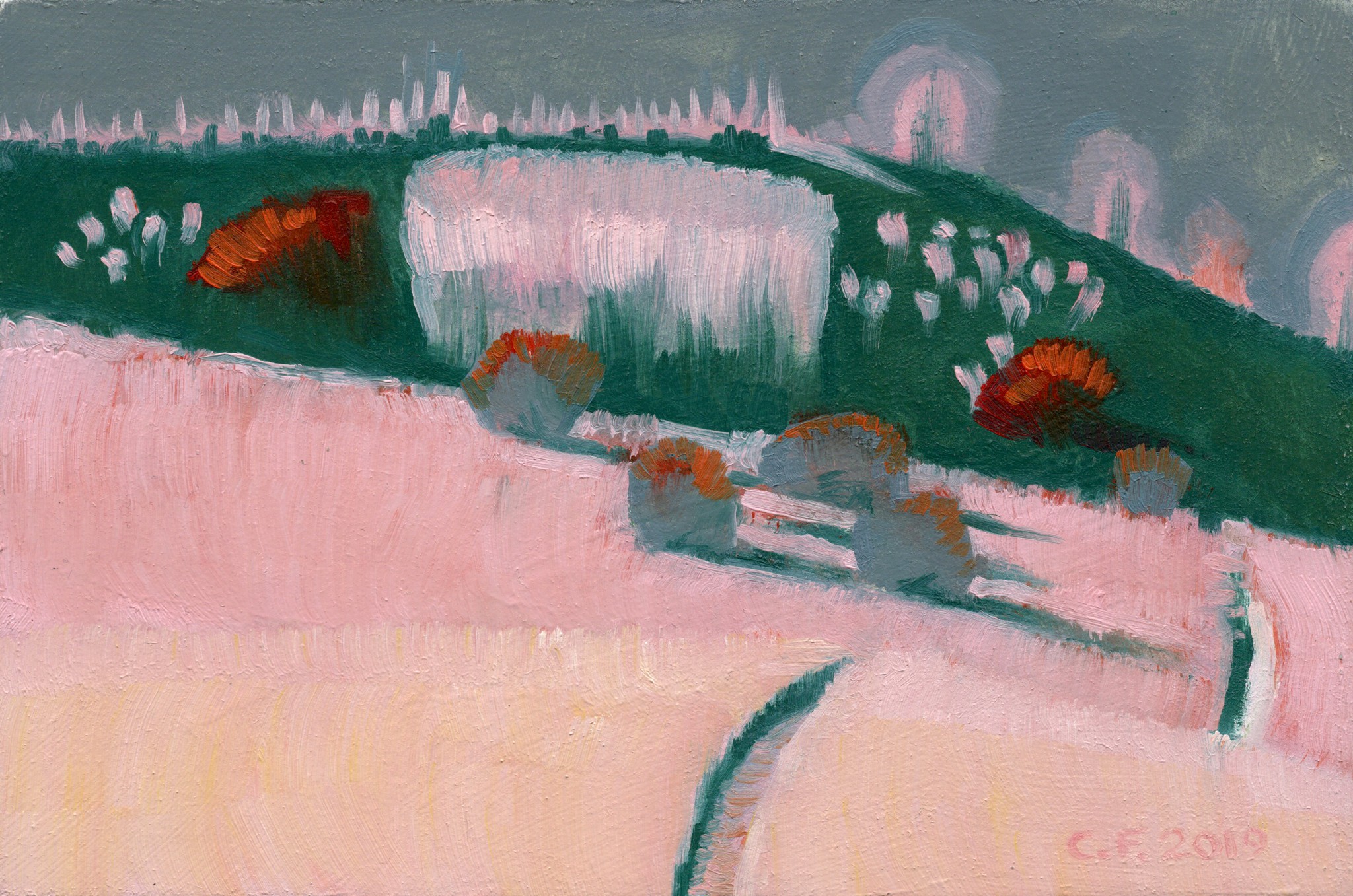 A painting of a landscape with trees and buildings in the background.