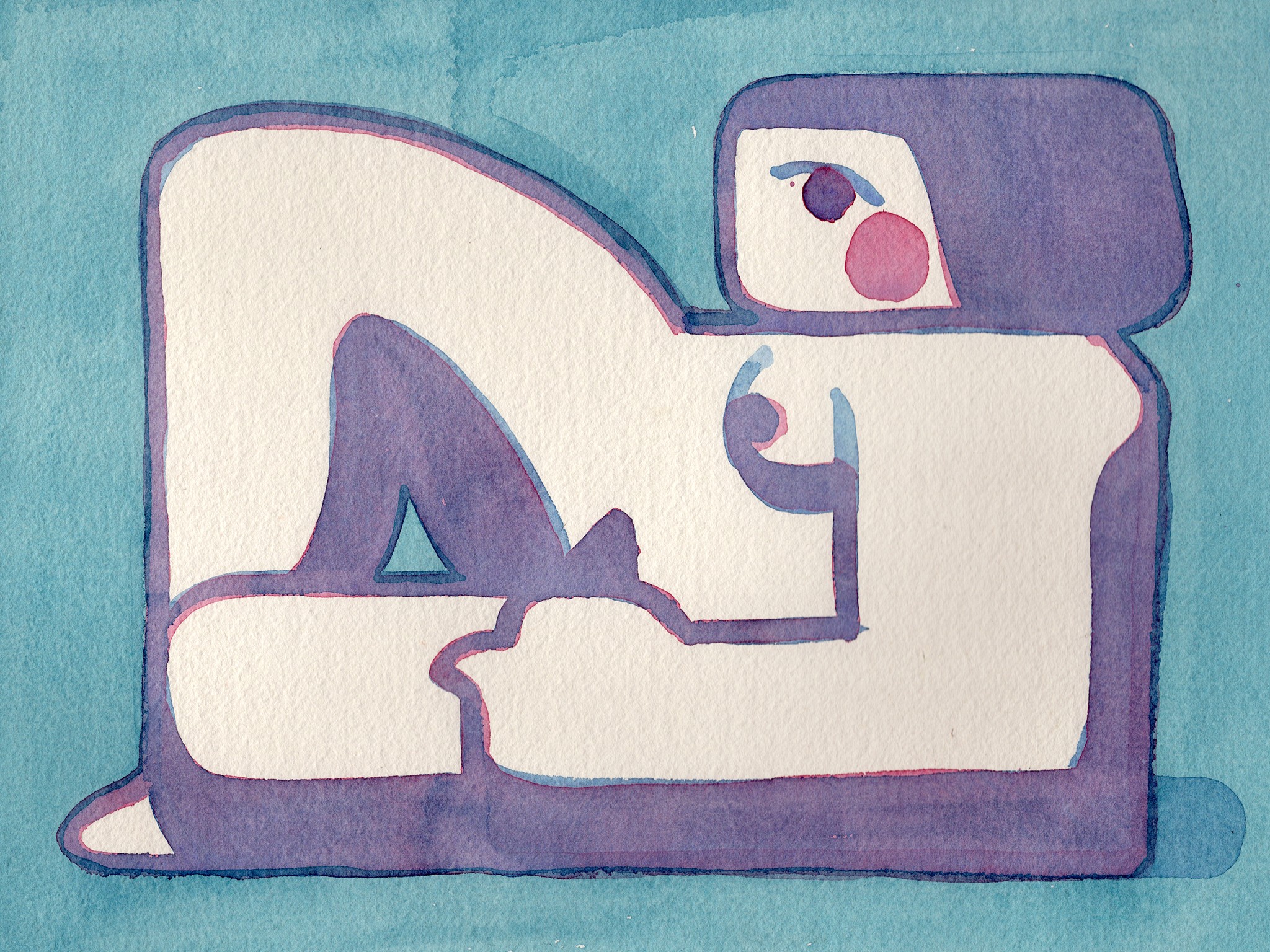 A watercolor painting of a person sitting on a couch.