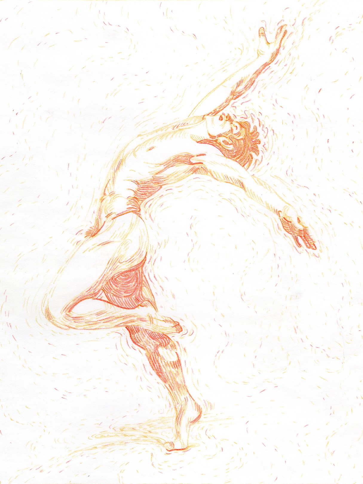 A drawing of a man with his arms outstretched in the air.