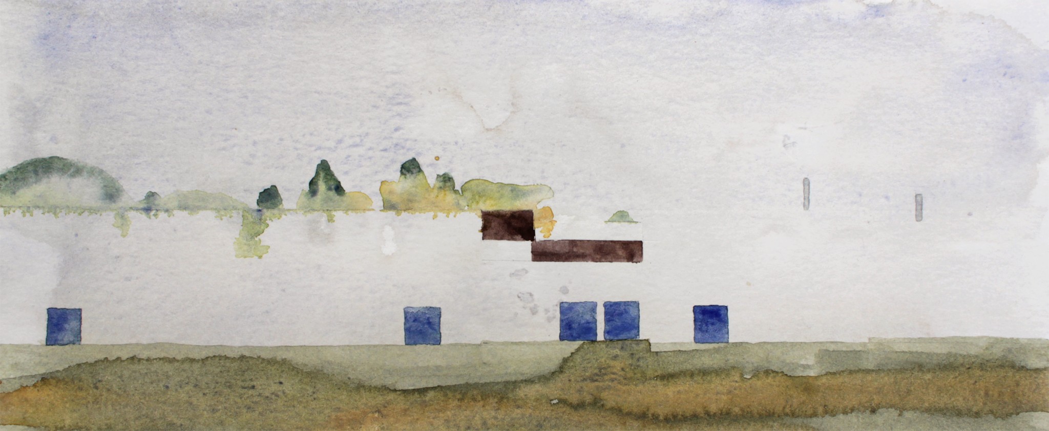 A watercolor painting of a house in the middle of a field.