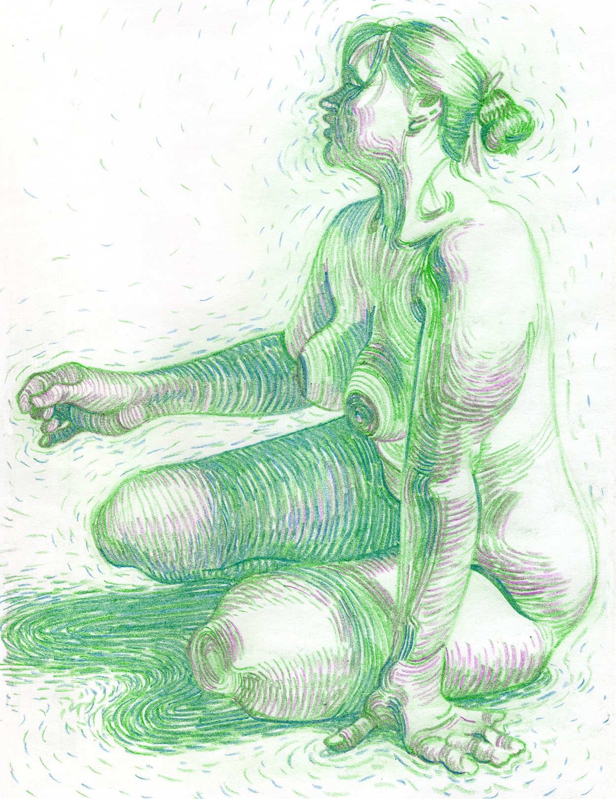 A drawing of a woman sitting on the ground.