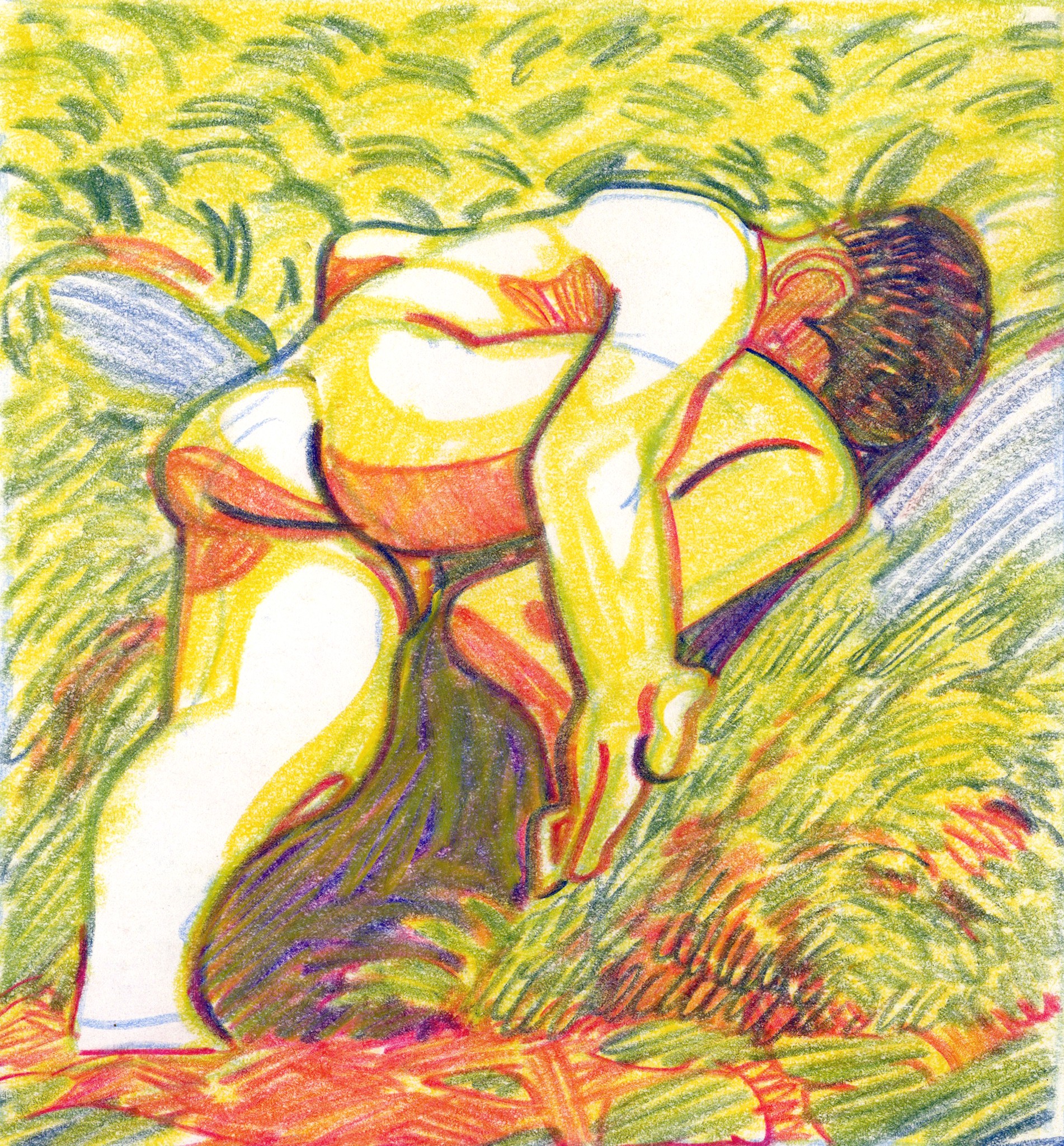 A drawing of a woman kneeling down in the grass.