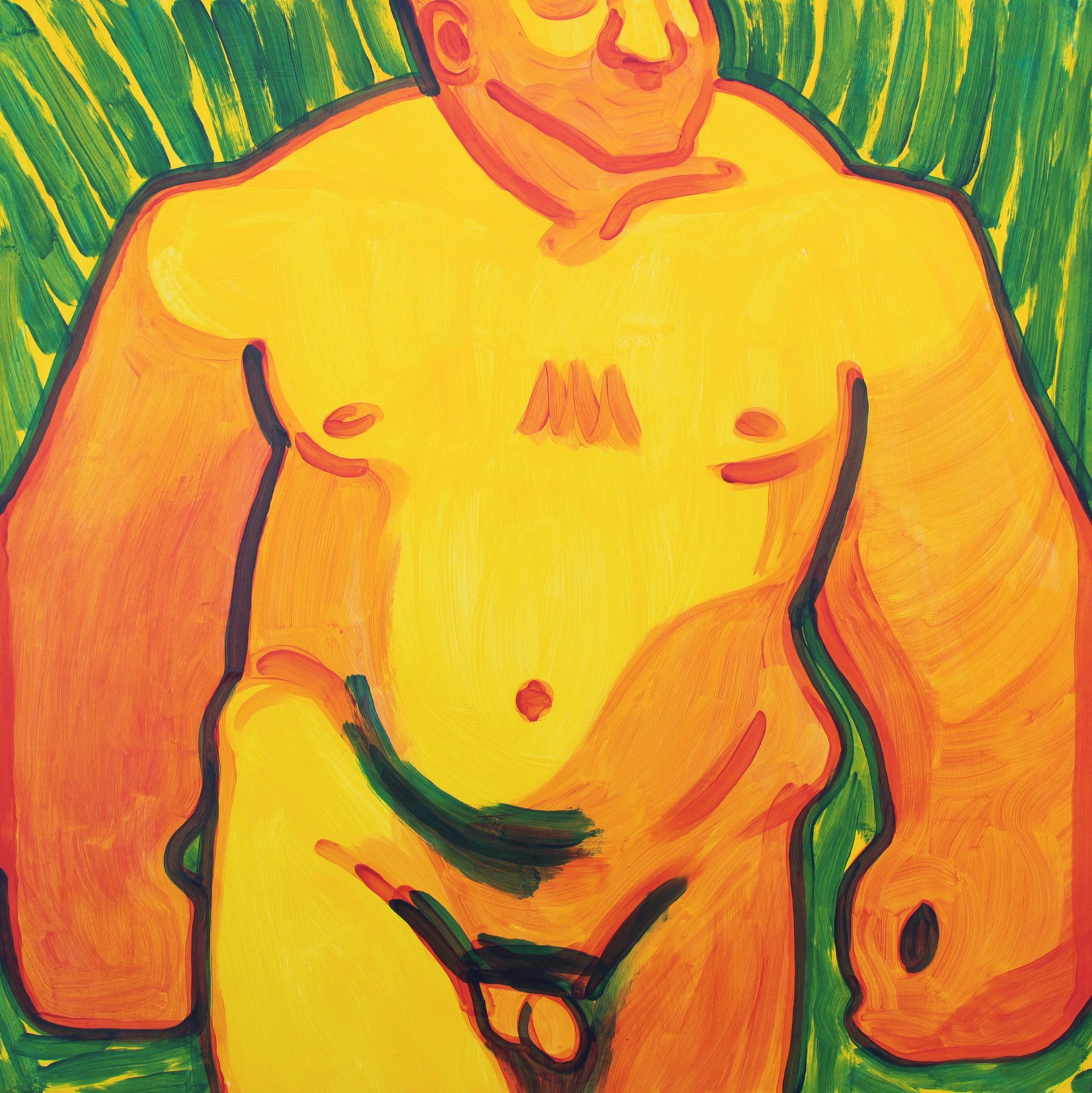 A painting of a naked man standing in front of a green background.