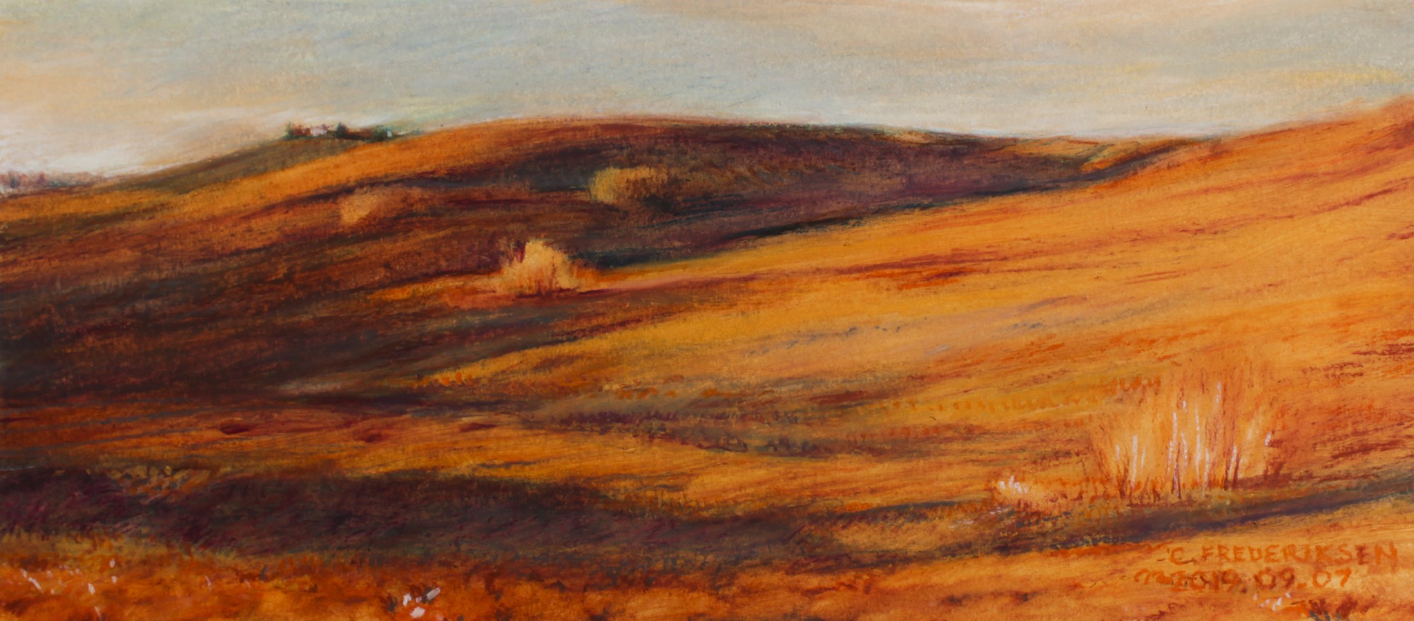 A painting of a field with a hill in the background.
