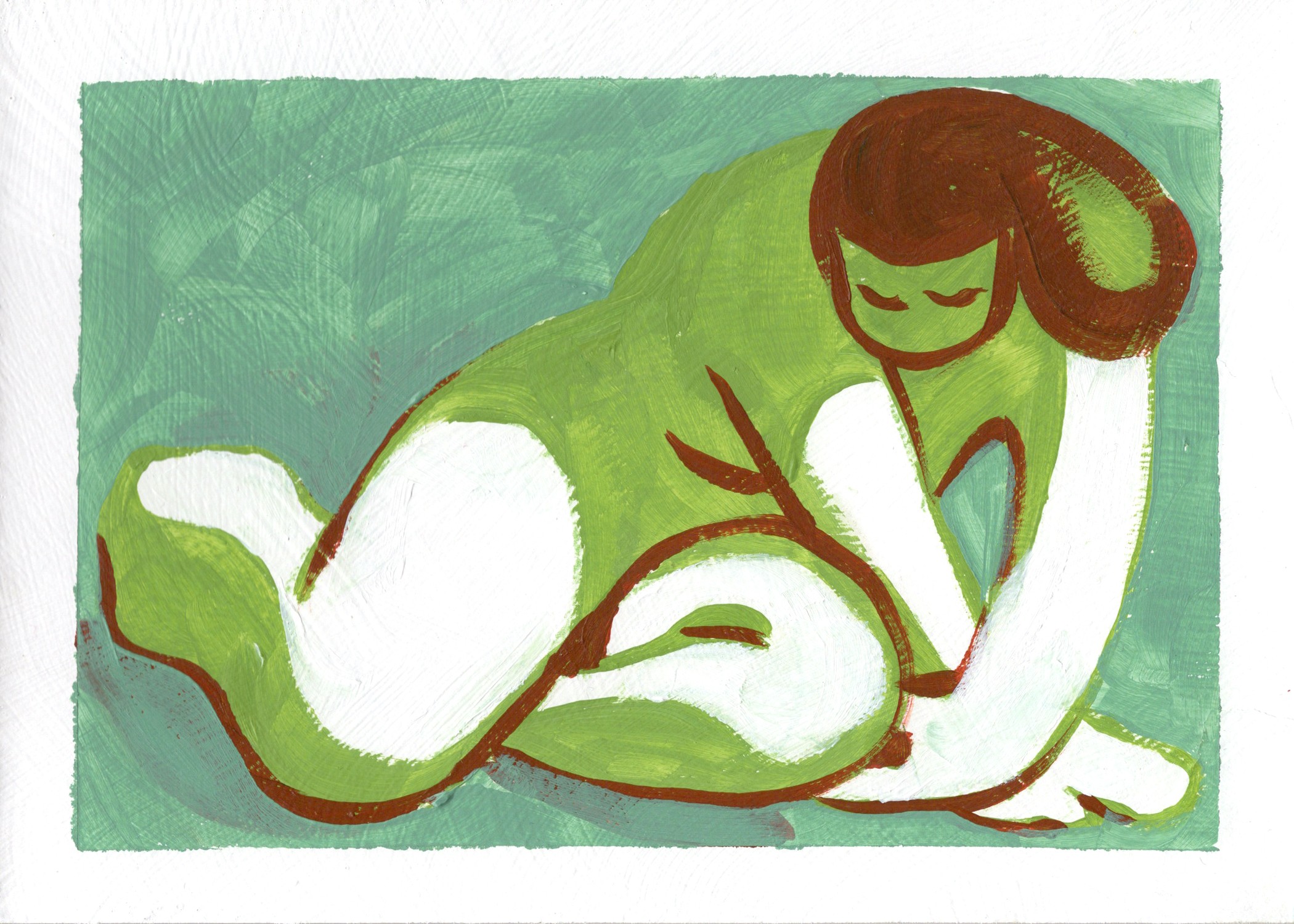 A painting of a woman laying down on a green surface.