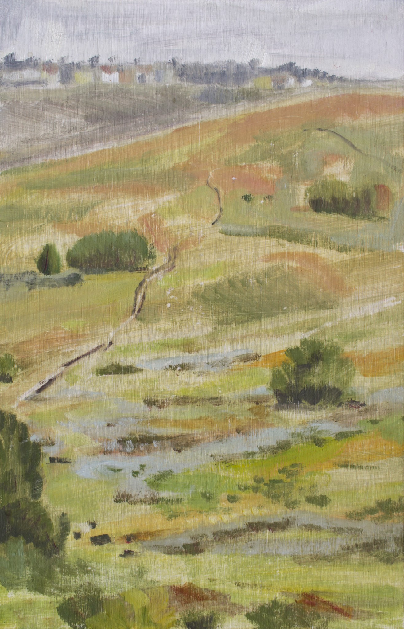 A painting of a grassy field with a dirt road in the distance.