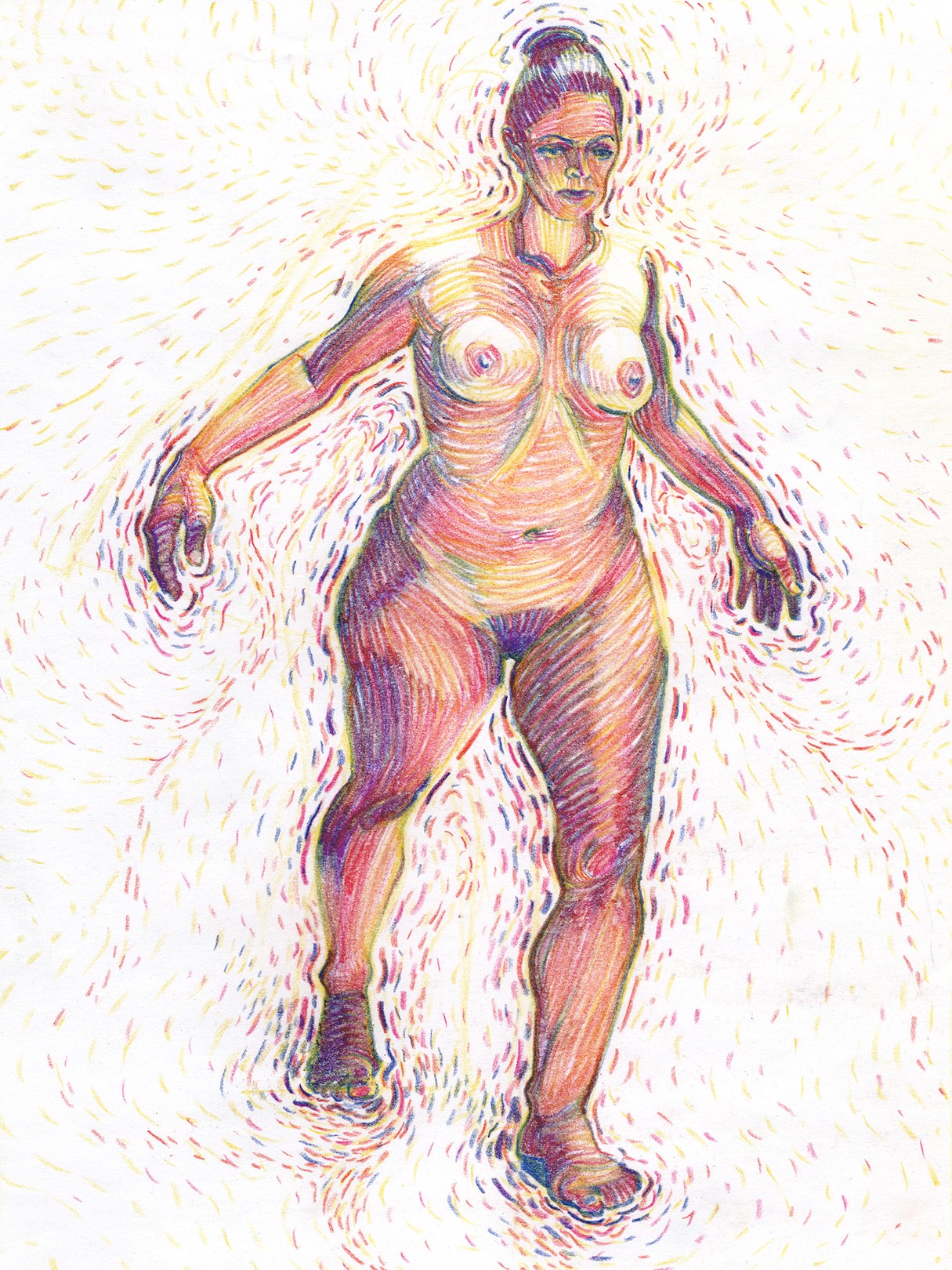 A drawing of a nude woman standing in front of a white background.