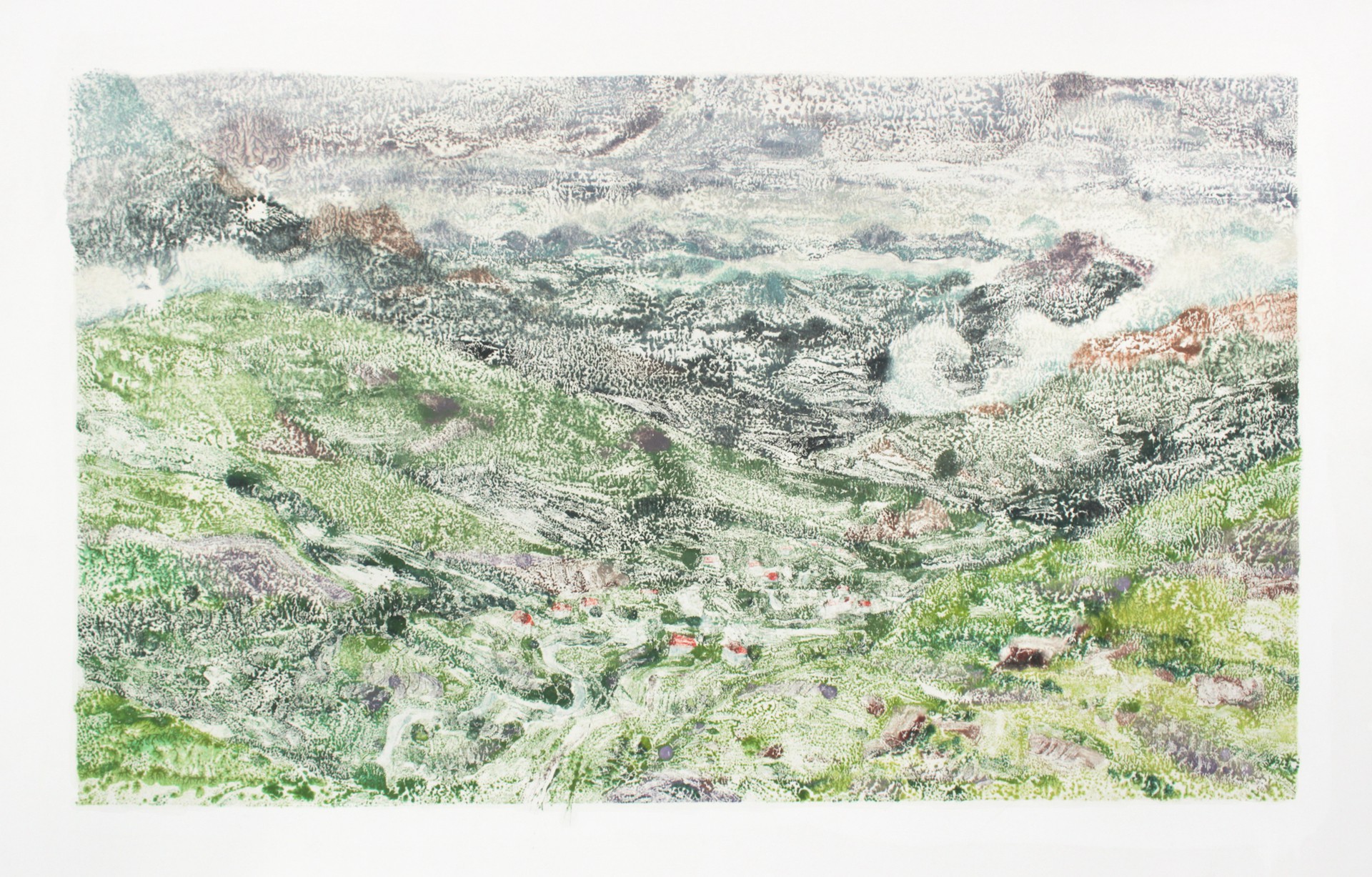 A drawing of a landscape with mountains in the background.
