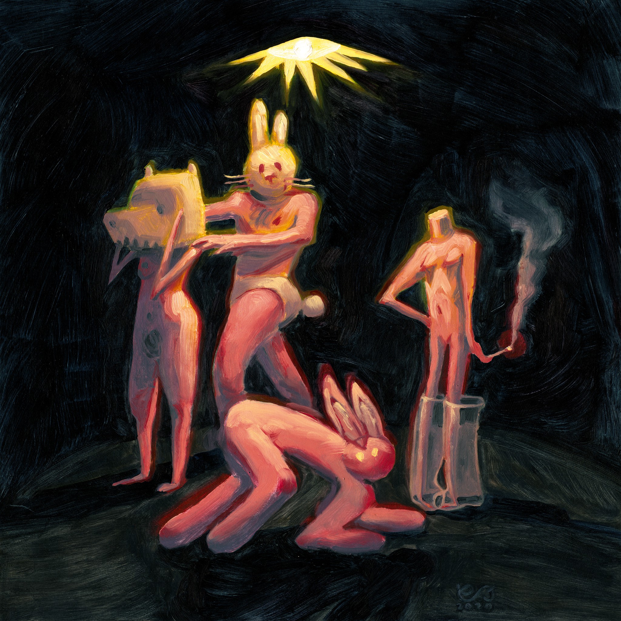 A painting of a group of people in a dark room.