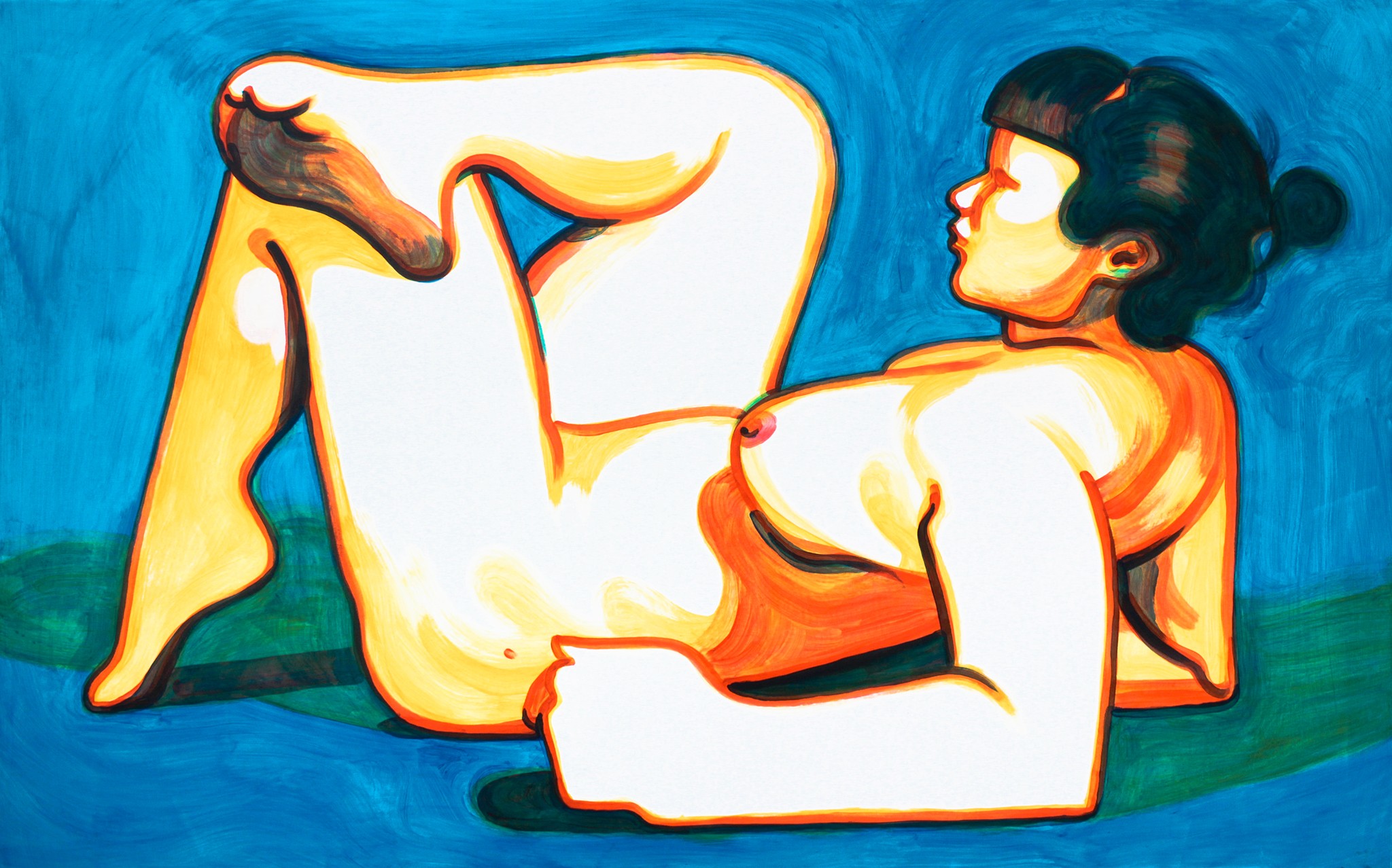 A painting of a woman sitting on a blue surface.