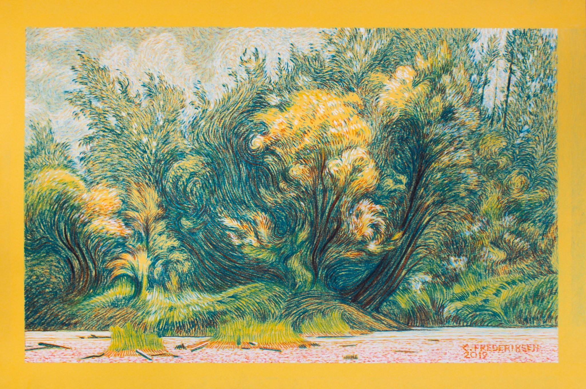 A painting of trees in a wooded area with a yellow background.