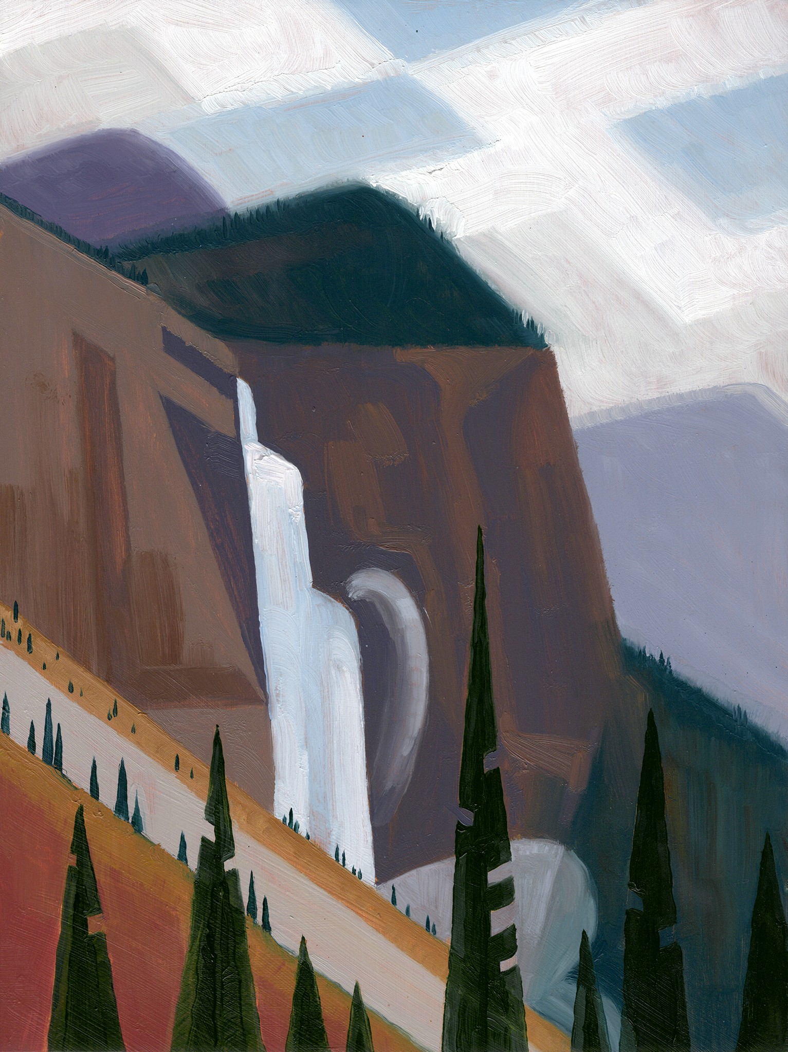 A painting of a waterfall in the middle of a mountain.