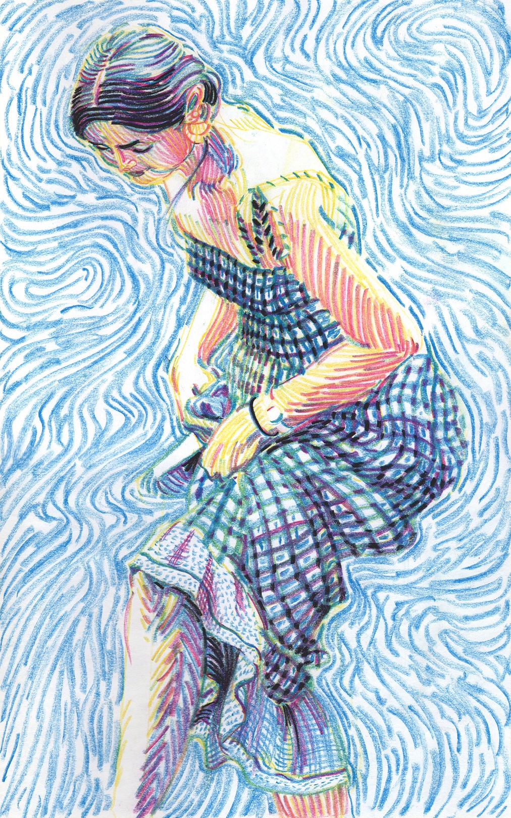 A drawing of a woman in a plaid dress sitting on the ground.