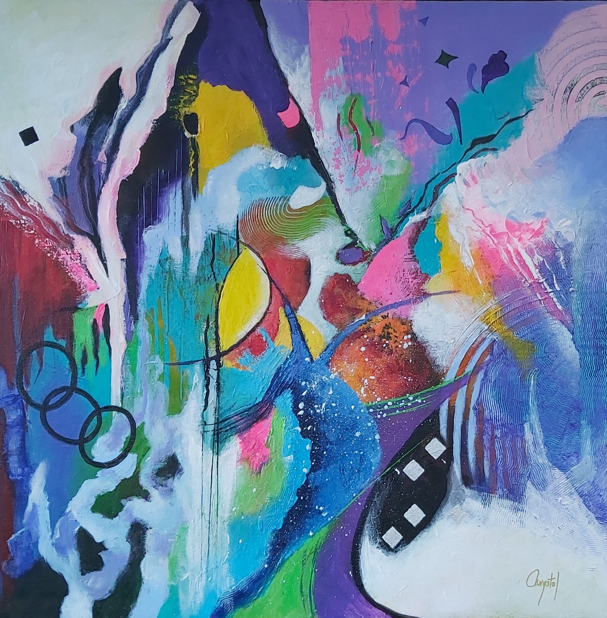 A painting of a colorful abstract painting on a white background.