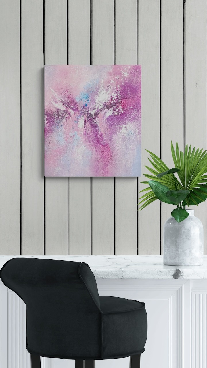 A painting of a pink and blue abstract painting.