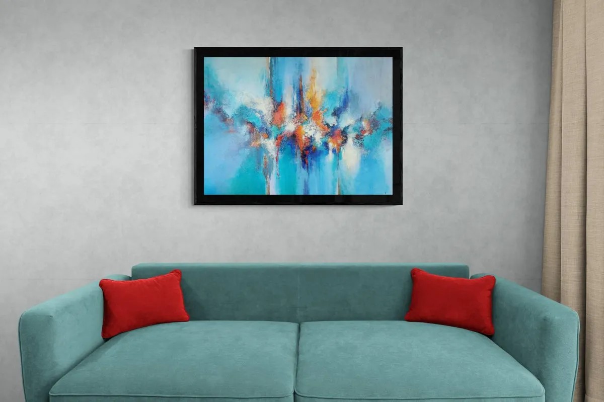 A painting of a blue and orange abstract painting.