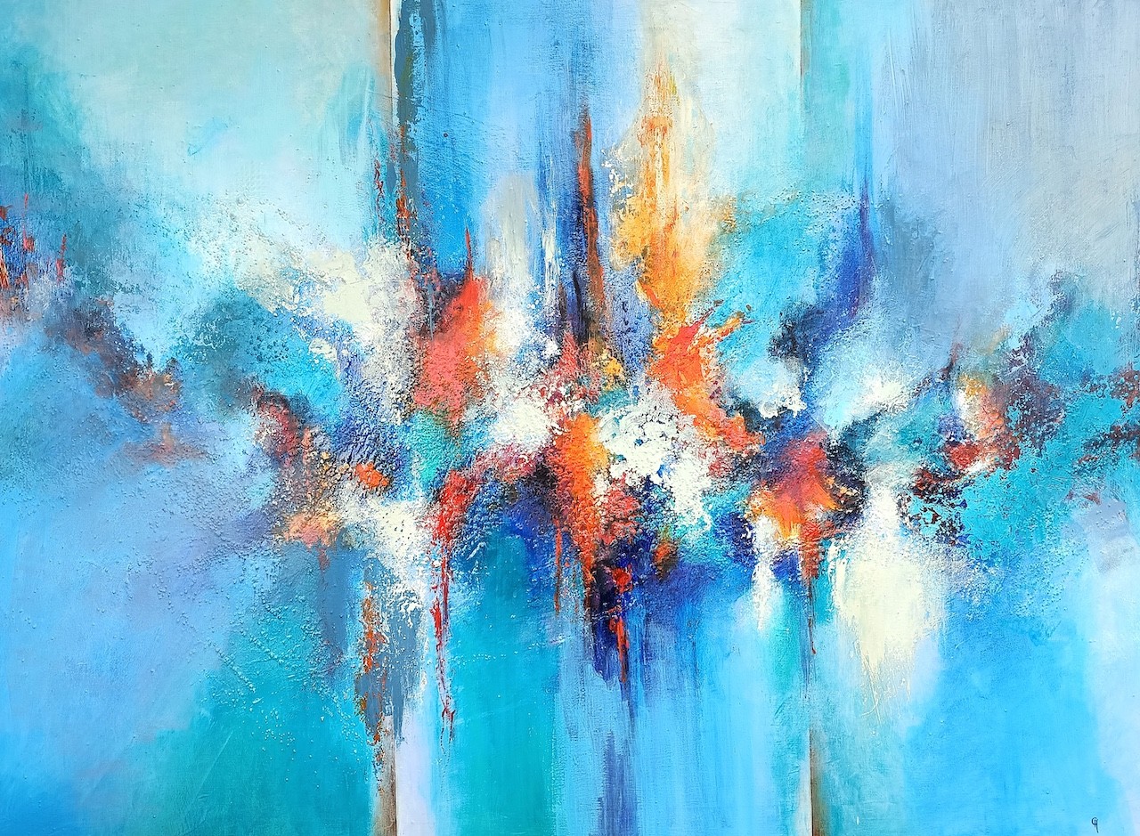 A painting of a blue and orange abstract painting.