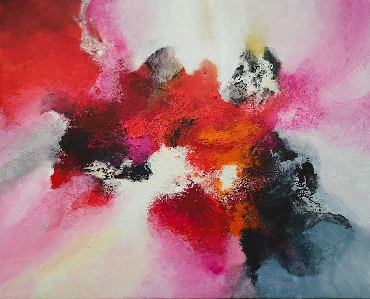 A painting of a pink and red abstract painting on a white background.