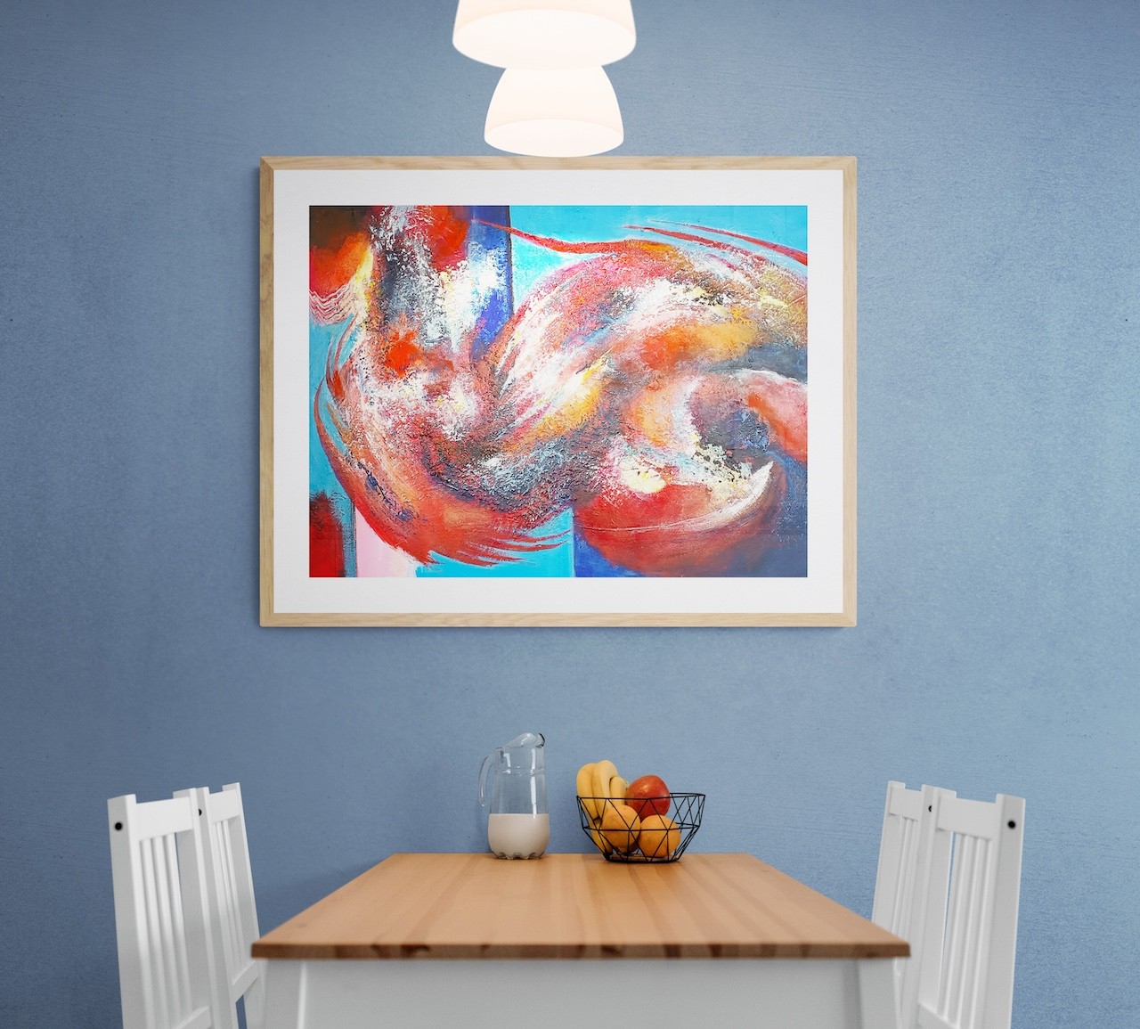 A painting hanging on a wall above a dining room table.