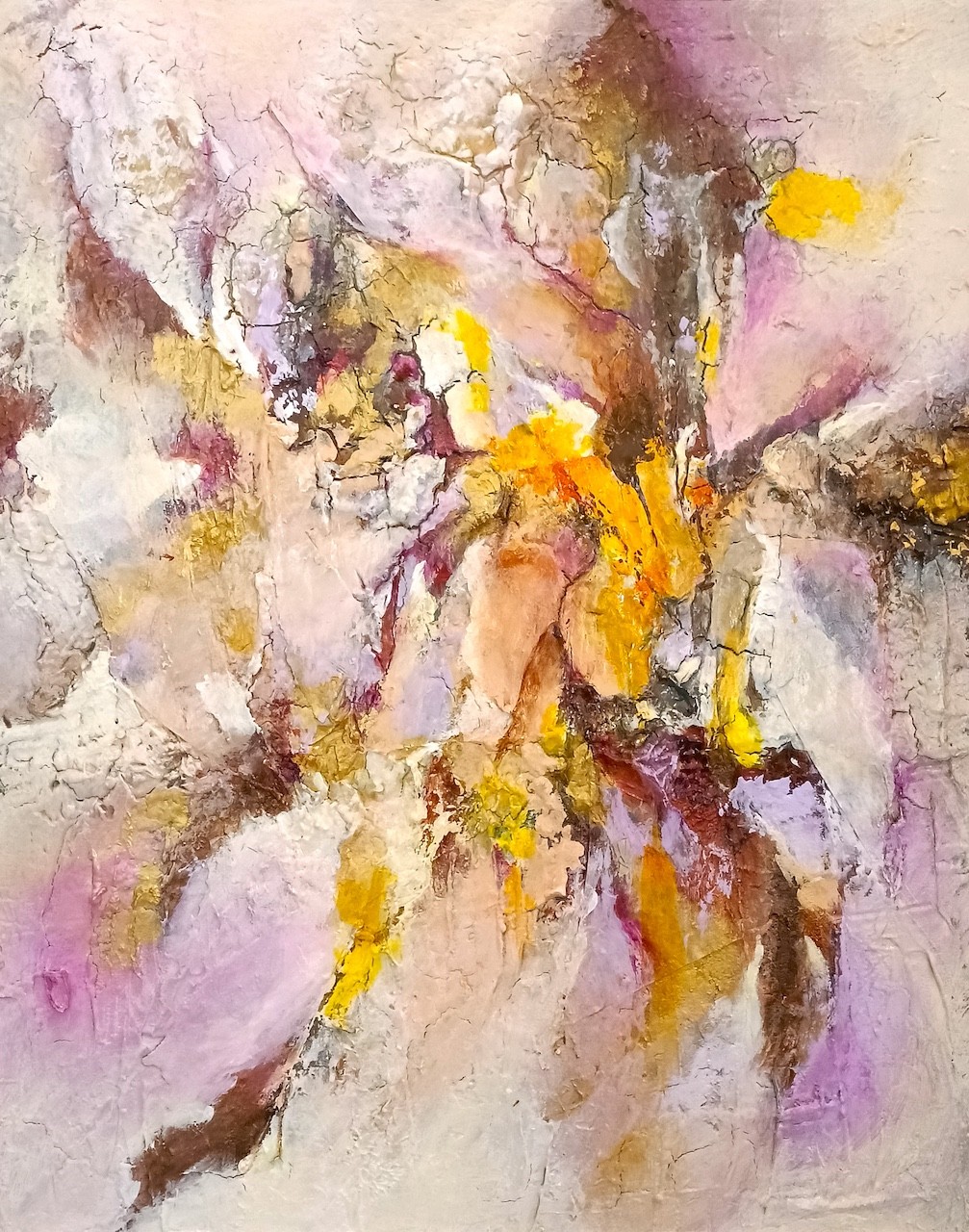 A painting of a woman in a purple and yellow dress.