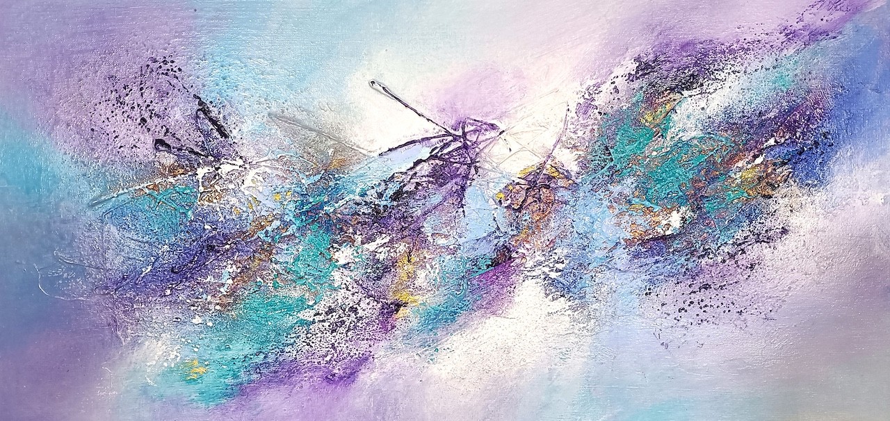 A painting of two dragonflies flying in the sky.
