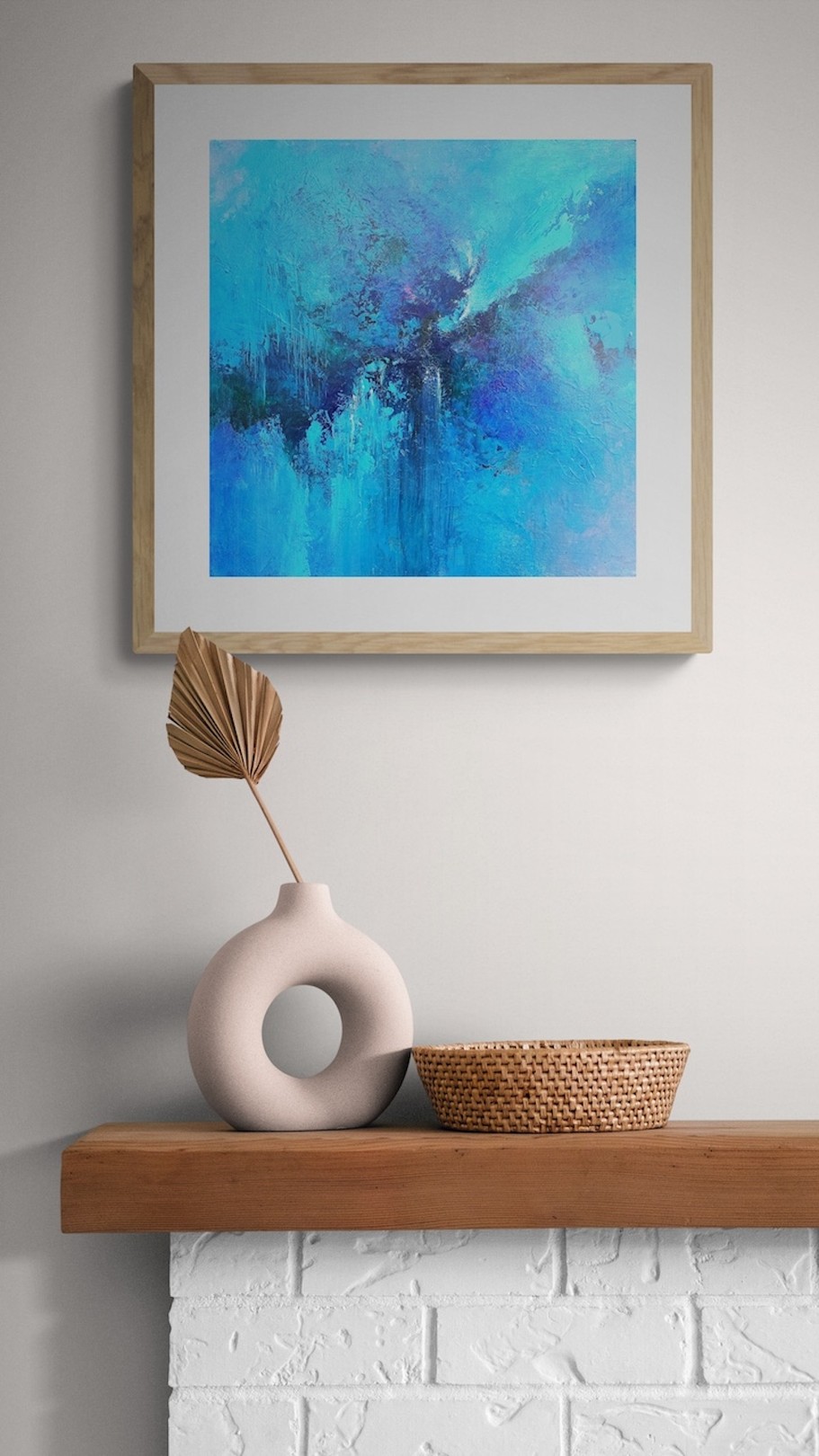 A painting of a blue and purple abstract painting on a wall.