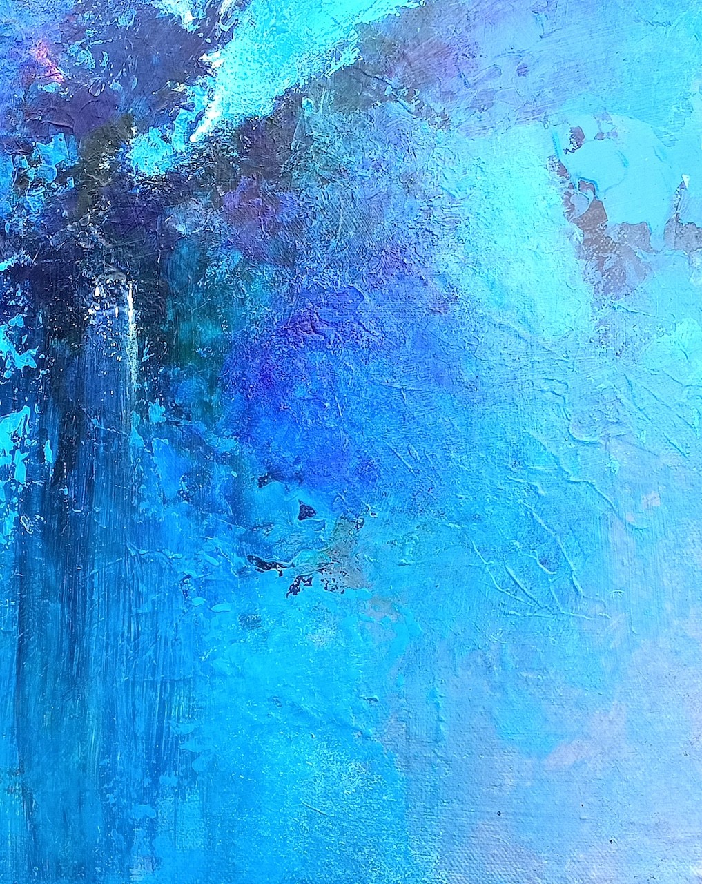 A painting of a blue and purple abstract painting on a wall.