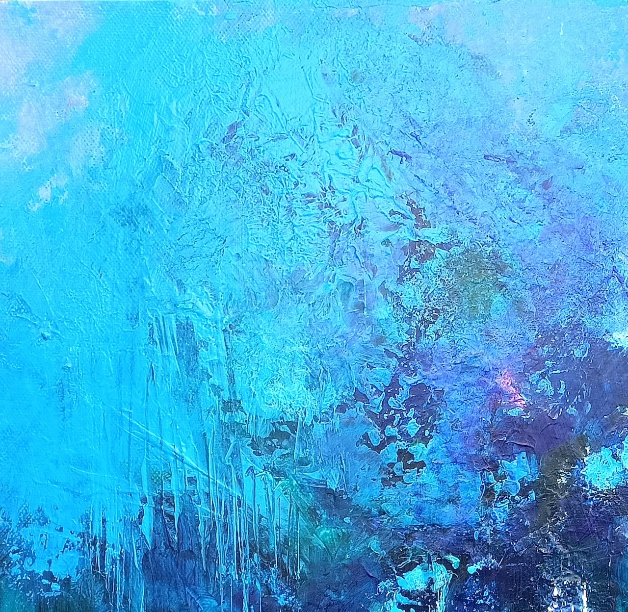 A painting of a blue and purple abstract painting on a wall.