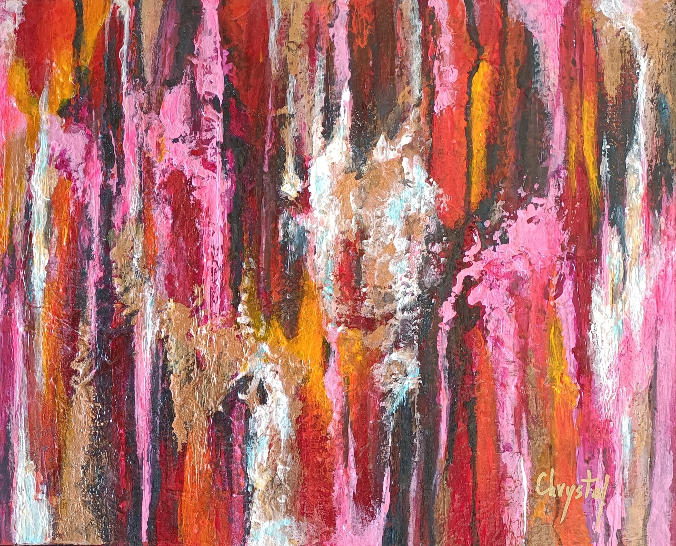 A painting of a pink and orange abstract painting.